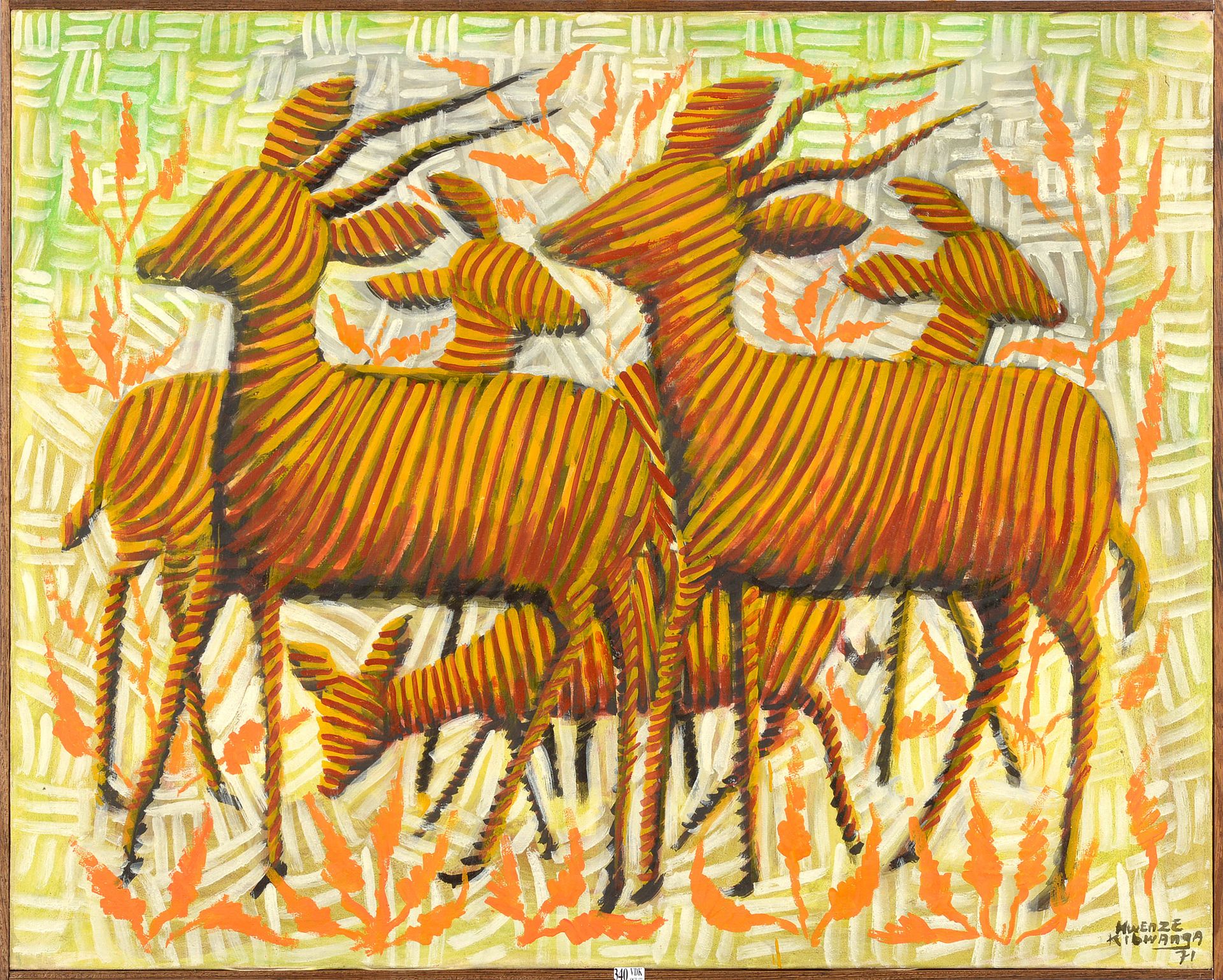 MWENZE Kibwanga (1924 - 1999) Olio su tela "Le antilopi". Firmato in basso a des&hellip;