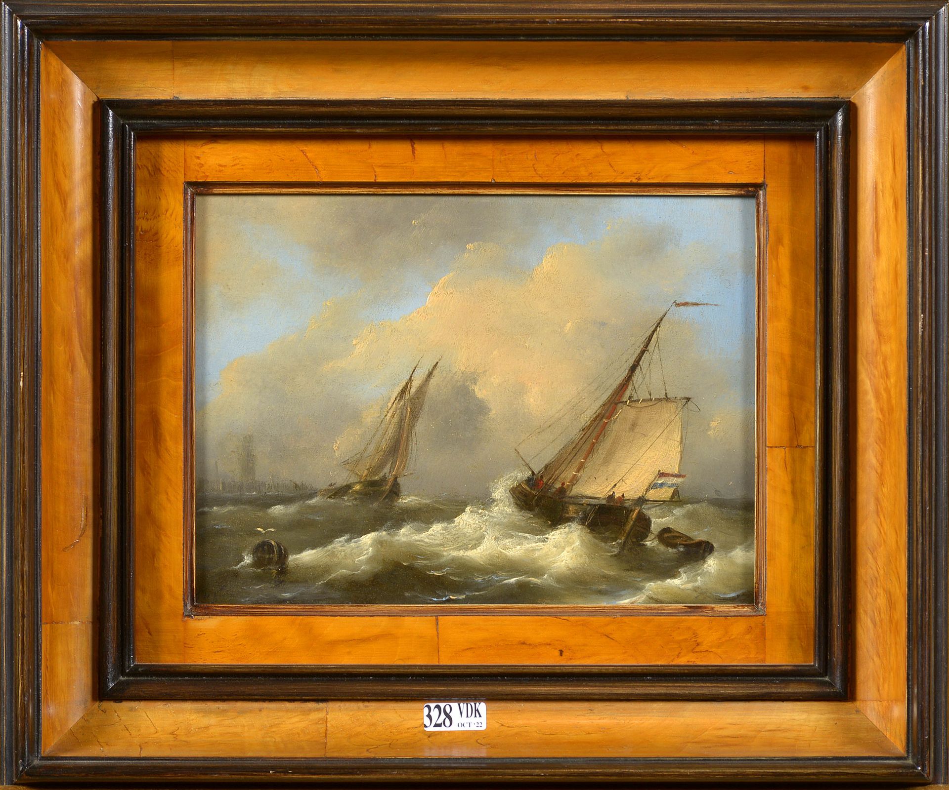 VAN EMMERIK Govert (1808 - 1882). (?). 油画板 "风暴中的海上船只"。左下方有G.E.V的字样，代表Govert Van &hellip;