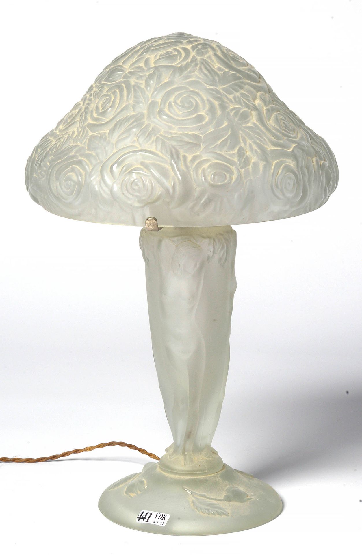 MULLER FRERES (1897 - 1936) 蘑菇 "灯，磨砂玻璃，有 "裸女 "和 "玫瑰 "装饰。脚上有Muller frères Lunévil&hellip;