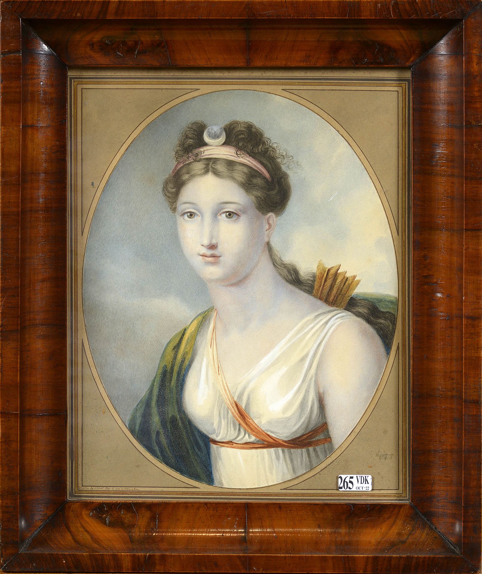 DE BERIL Sophie (XIXème ) "女猎人戴安娜 "椭圆形纸上水彩画。左下角有签名和日期：Sophie de Béril 1807年10月30&hellip;
