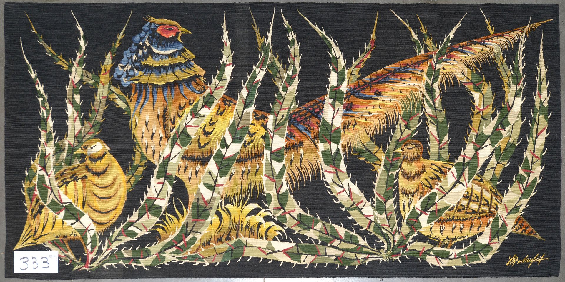 DUBRUNFAUT Edmond (1920 - 2007) "野鸡 "羊毛挂毯。签名右下：Dubrunfaut。比利时的工作。尺寸：+/-190x99厘米。