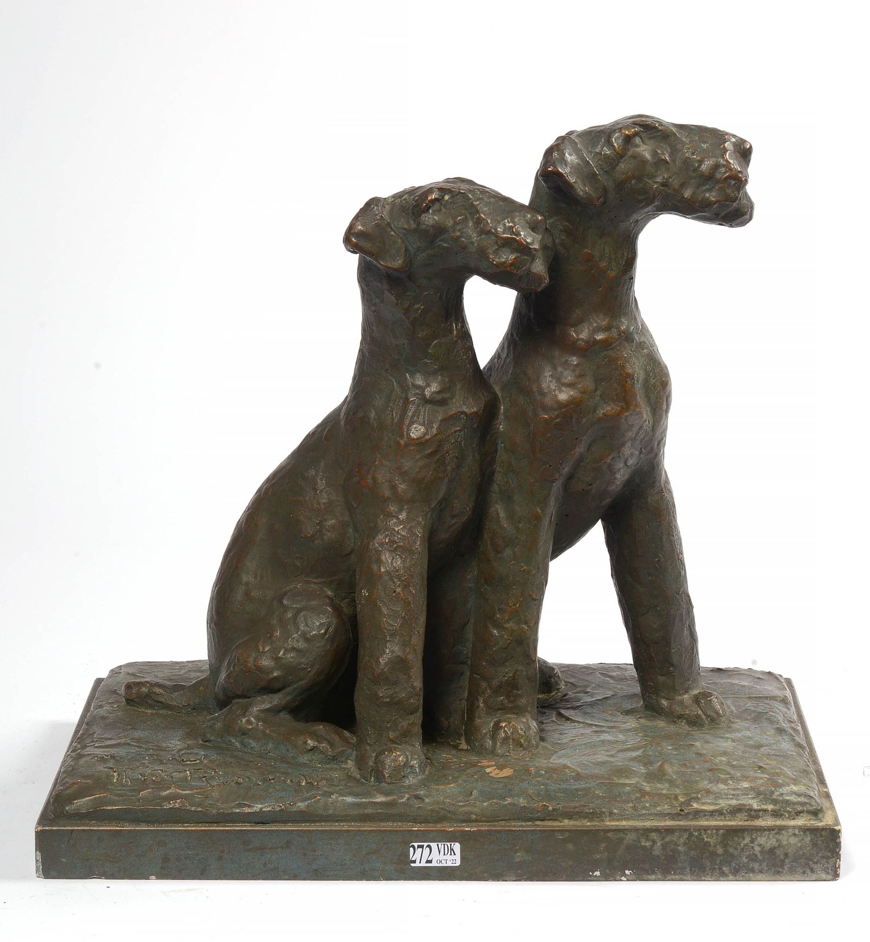 VAN RYSWYCK Thierry (1911 - 1958) "Couple d'airdales terriers" en plâtre à patin&hellip;