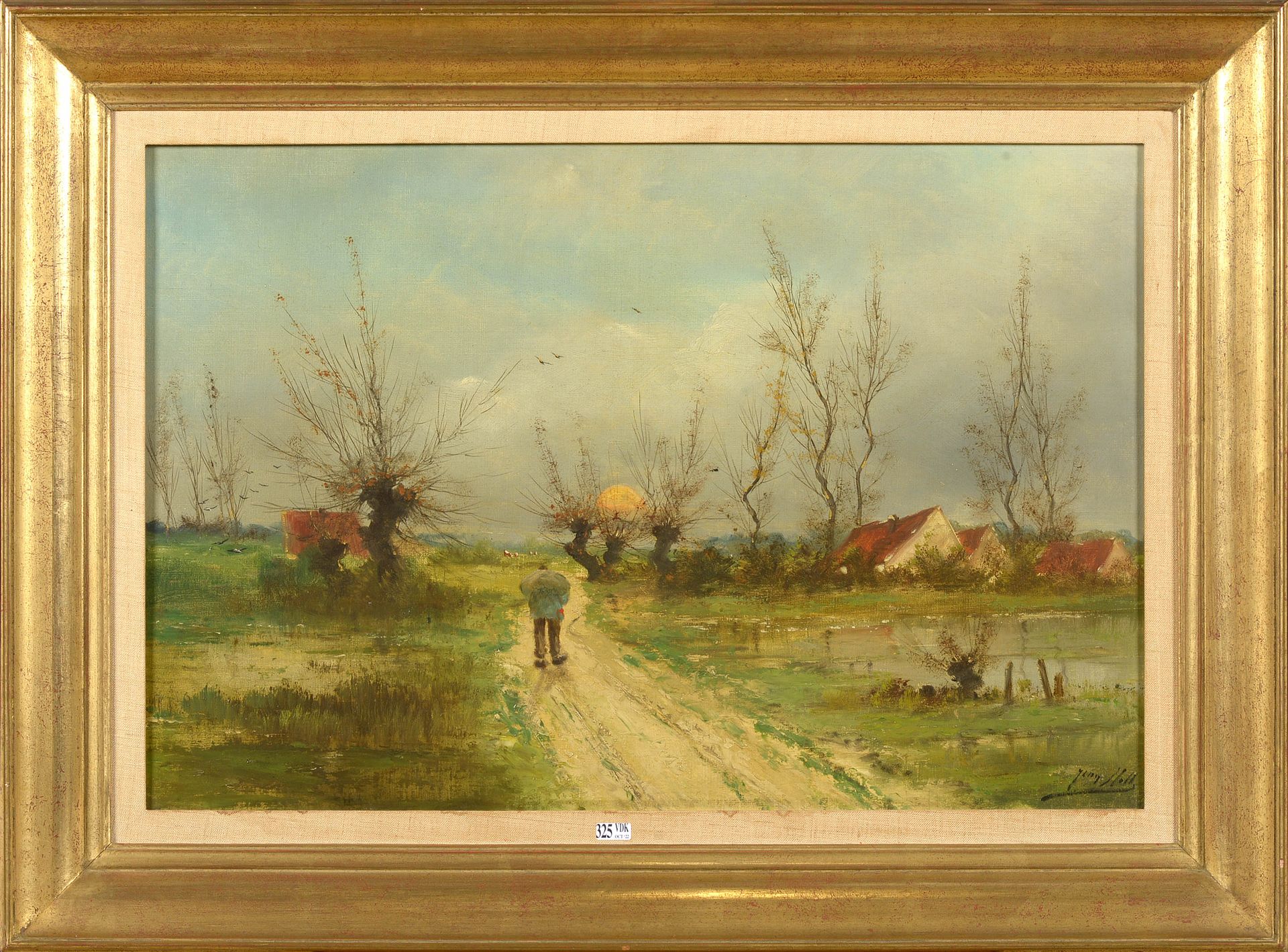 HILL Jean (XIXème-XXème) 镶嵌在画布上的油画 "月光下热闹的乡村小路"。右下角署名：Jean Hill。比利时的学校。尺寸：+/-50x&hellip;