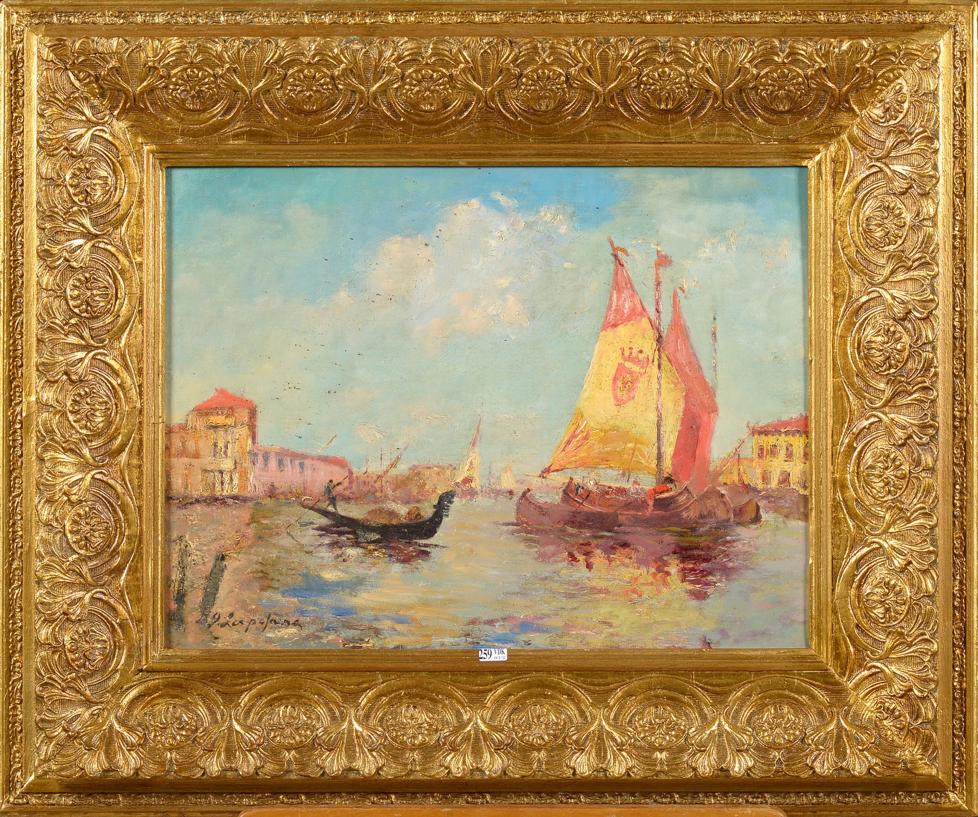 LAPCHINE GEORGES (1885 - 1950) 镶嵌在画布上的油画《威尼斯风景》。左下角签有G.拉普奇恩。俄罗斯学校。尺寸：+/-46,3x61,&hellip;