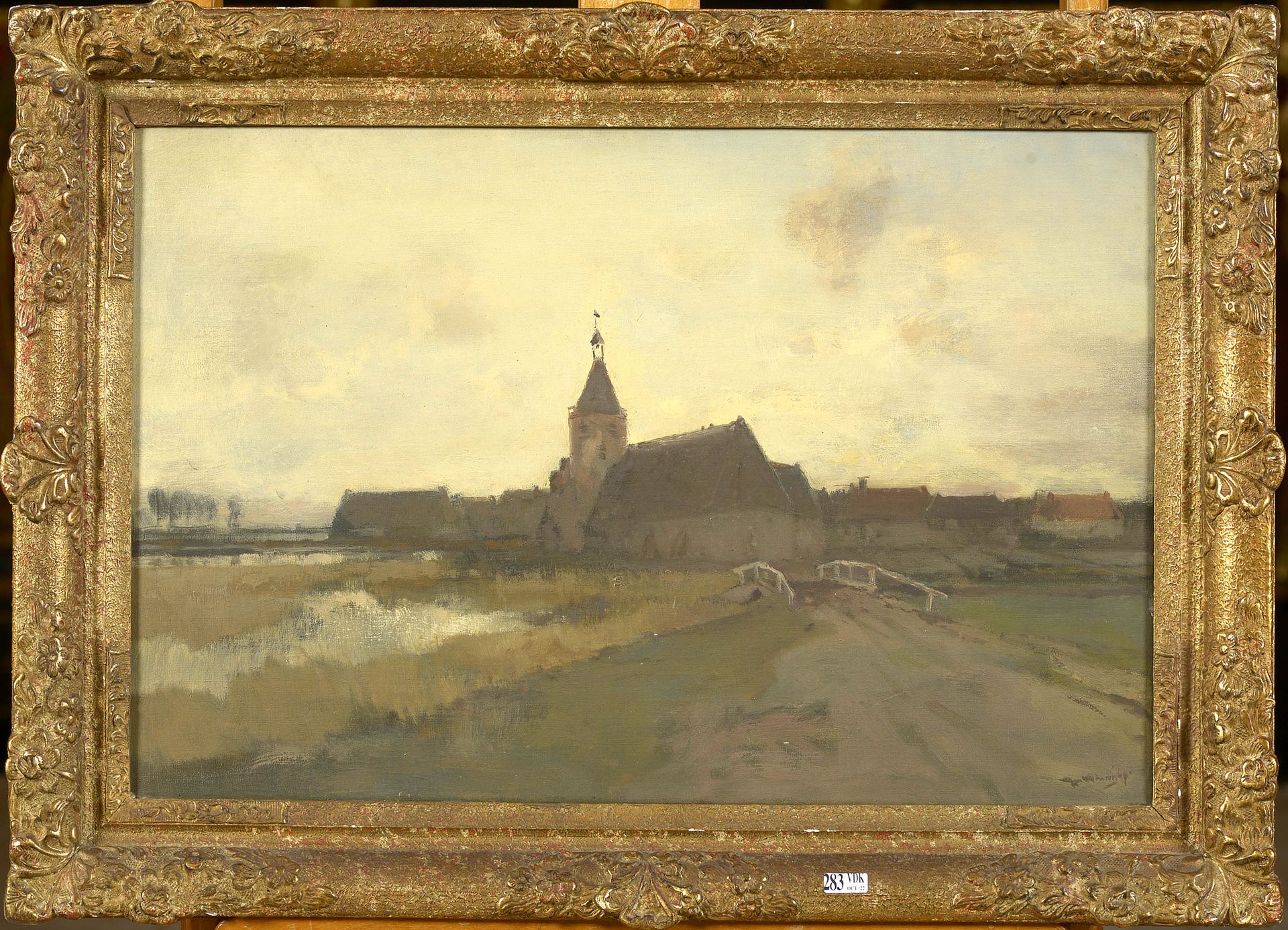 WENNING Ype (1879 - 1959) 布面油画《有钟楼的风景》。签名右下：Wenning Ype。荷兰学校。尺寸：+/-40,5x60,5厘米。