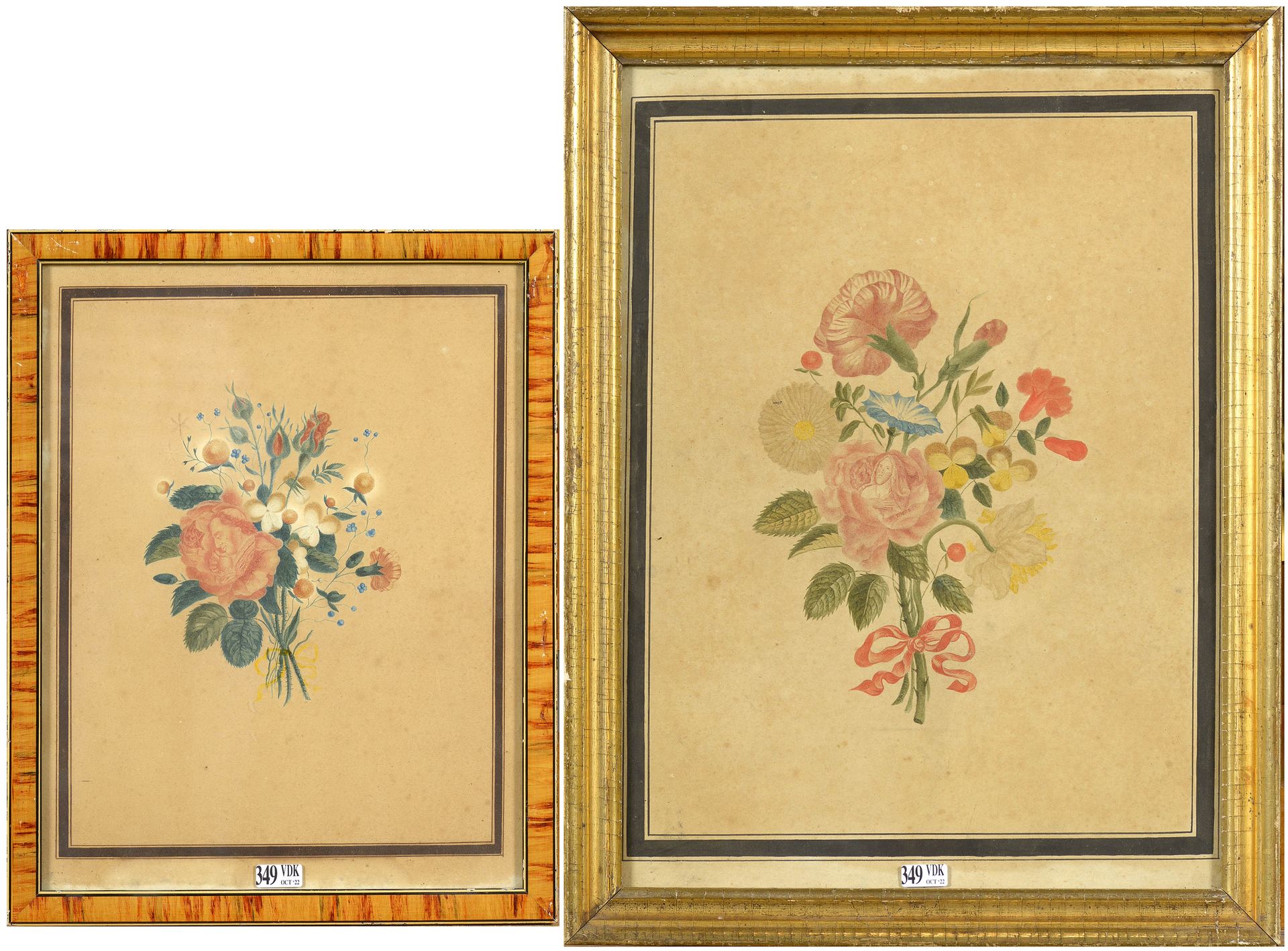 BASTIN J. (XIXème) 两幅 "Pie VII et de Sainte Thérèse肖像的花束 "纸上水彩画。签名为J.Bastin，还有一张&hellip;