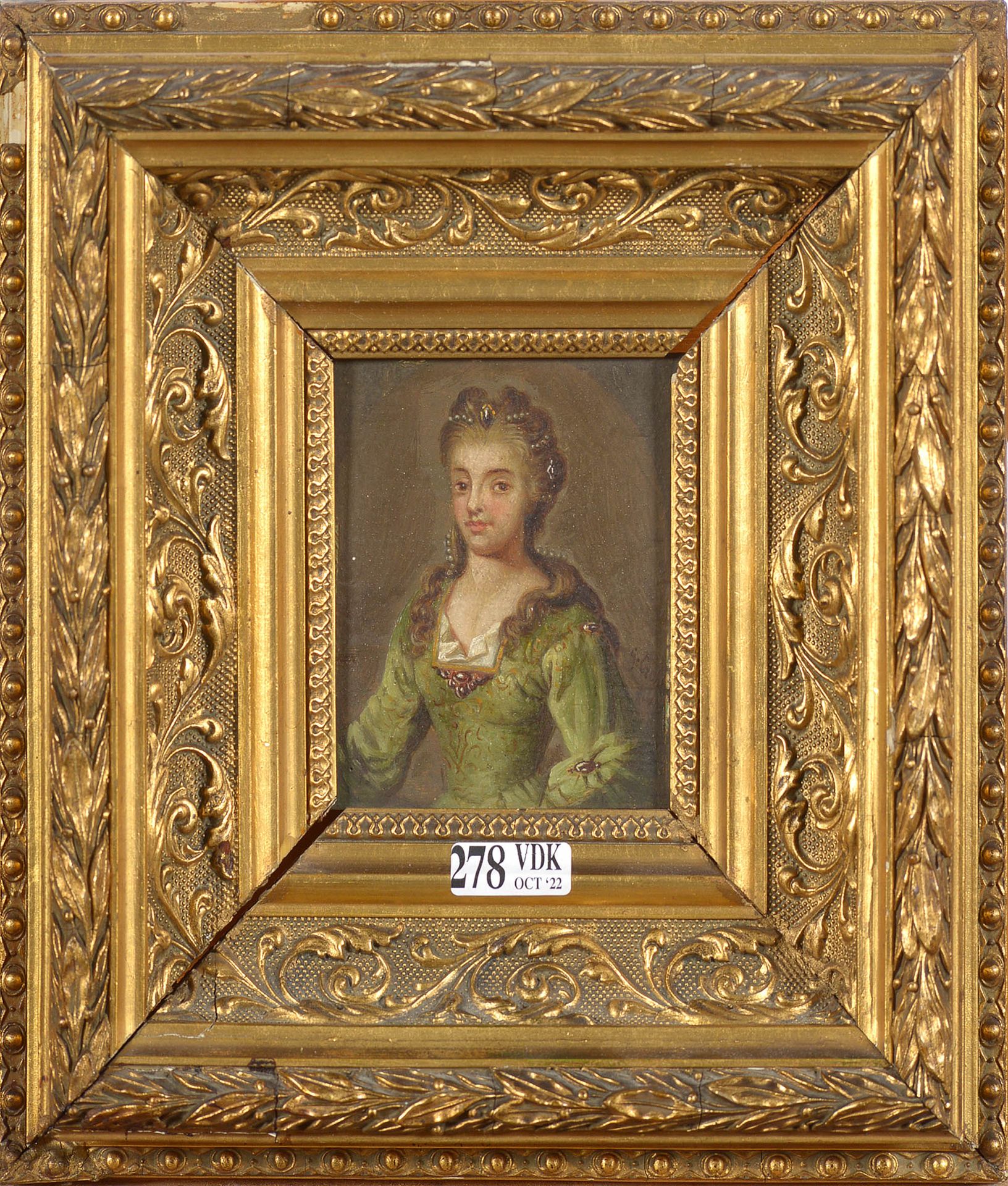 CREHAY G. (XVIIIème) 板面油画《一位优质女士的肖像》。右下角署名G. Crehay，日期为2月17日（5？）年代：十八世纪（见背面一些难以辨&hellip;