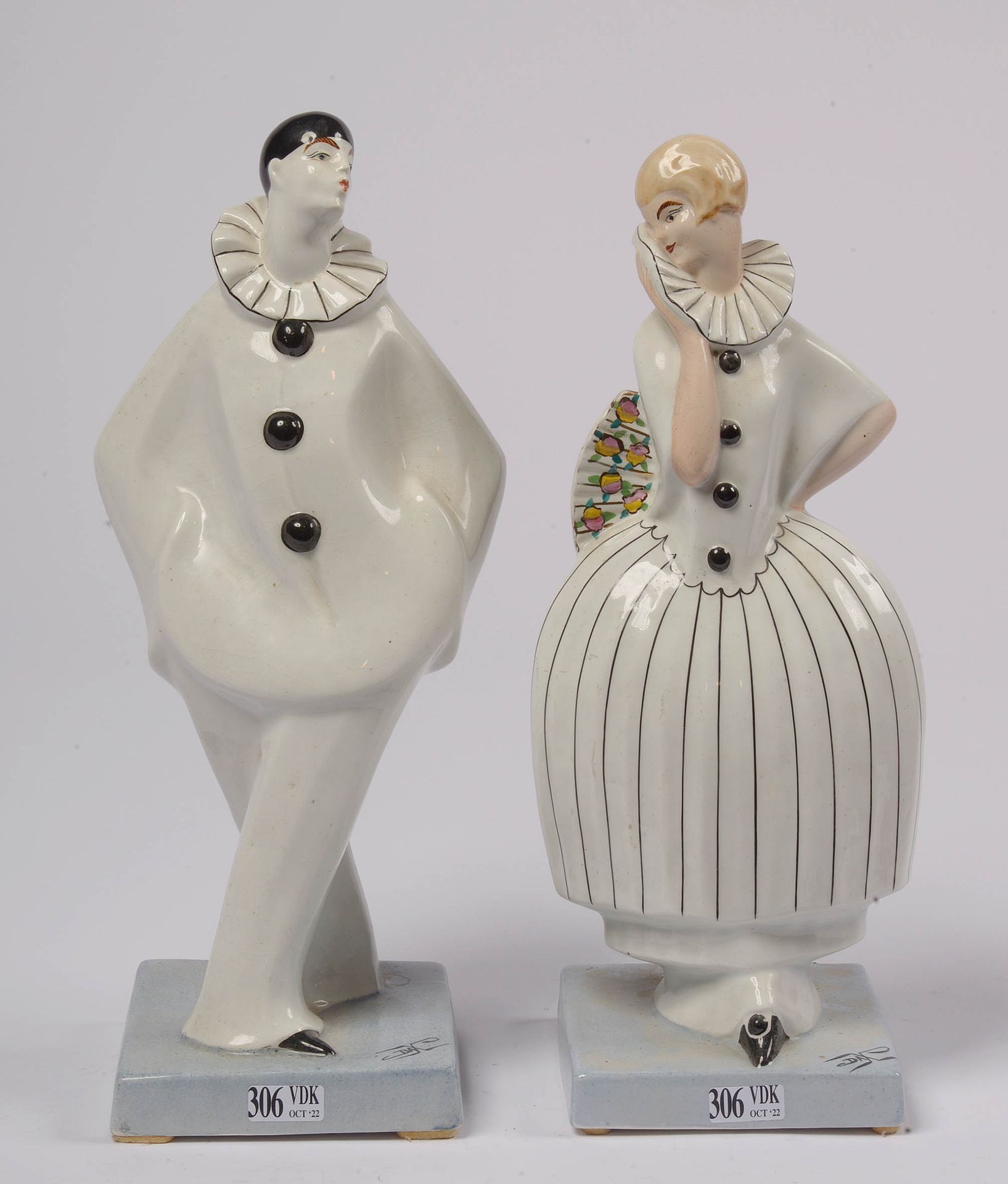 Null "Pierrot et Colombine" paire de statuettes en faïence polychrome de Dax - F&hellip;