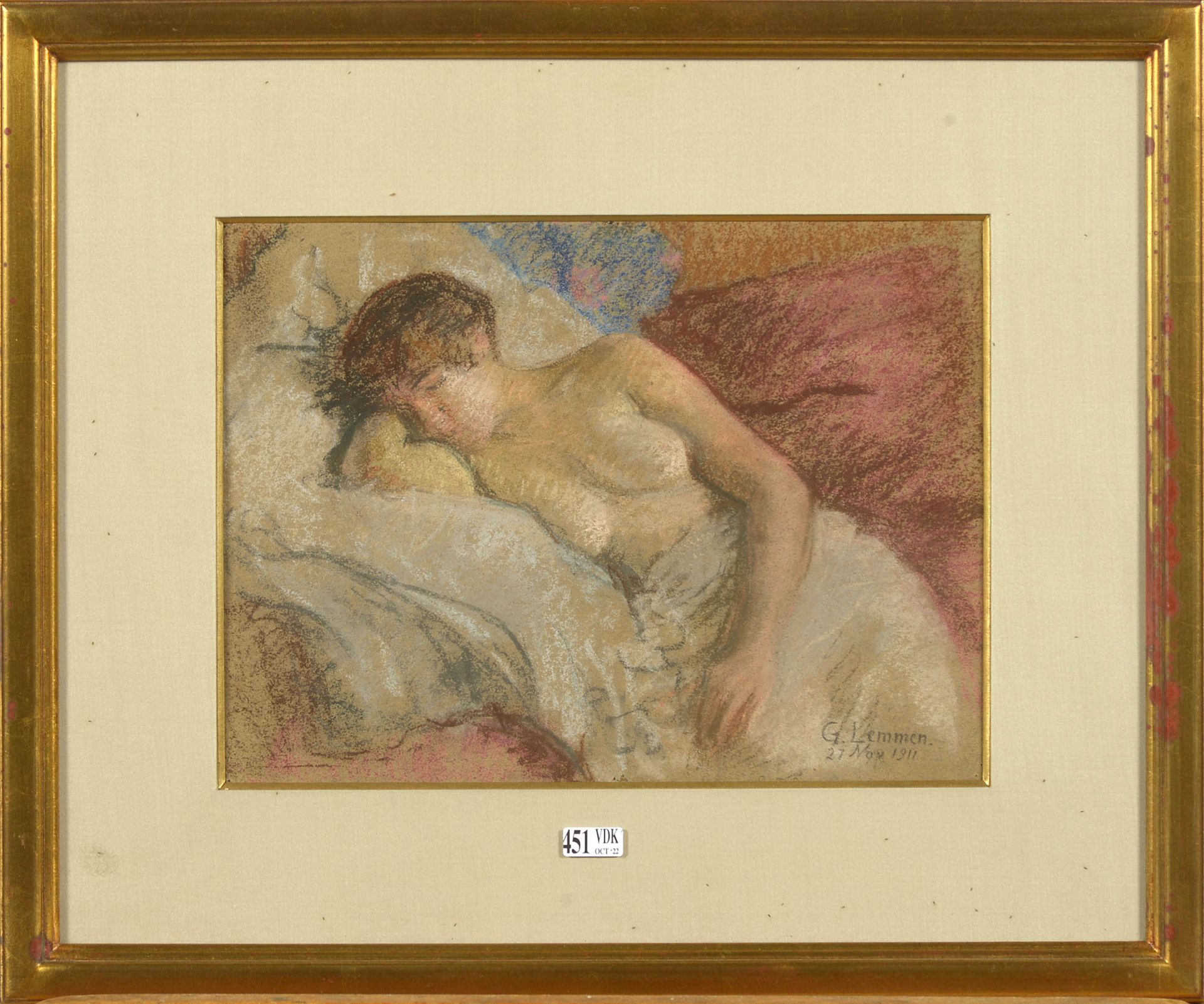 LEMMEN Georges (1865 - 1916) "躺在床单上的女性裸体》纸上粉笔画。签名右下：G.Lemmen，日期为1911年11月27日。比利时学&hellip;