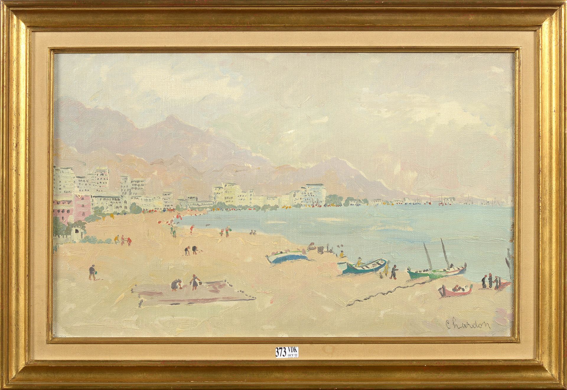 CHARDON Germaine (1910 - 1999) 镶嵌在画板上的油画 "Plage animée en France"。签名右下角Chardon为G&hellip;