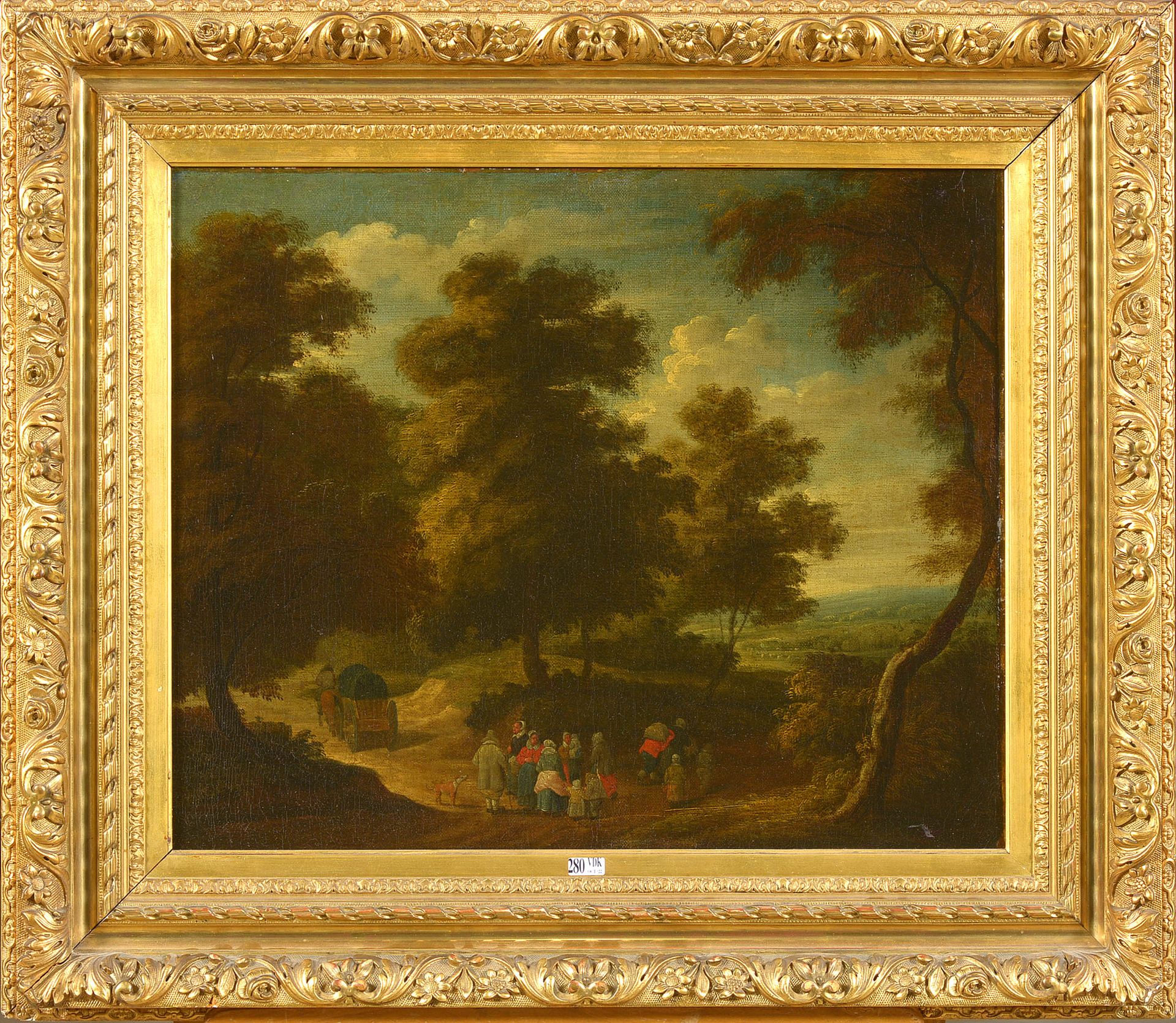 MICHAU Théobald (1676 - 1765). Attribué à. 布面油画《林间小道上的马车和农民家庭》。归功于西奥博尔德-米修。佛兰德学校&hellip;