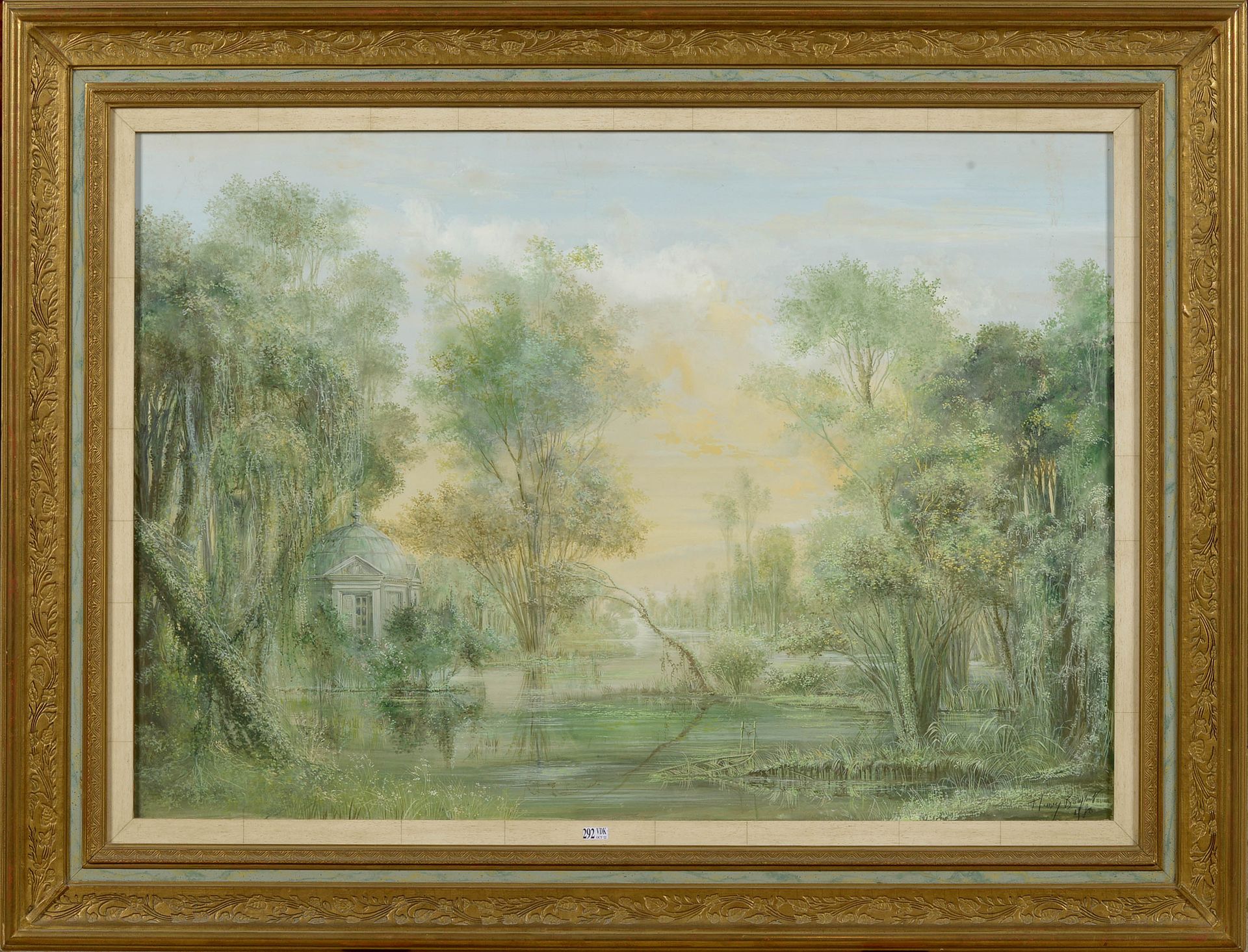 BOSQUET Thierry (1937) "风景如画的池塘"，纸上水粉画。右下角有Thierry Bosquet的签名和1980年的日期。比利时的学校。尺寸&hellip;
