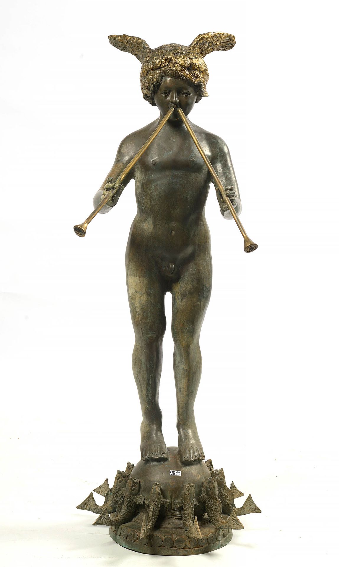 Null "Player of aulos with a winged helmet" in bronze with green and golden pati&hellip;