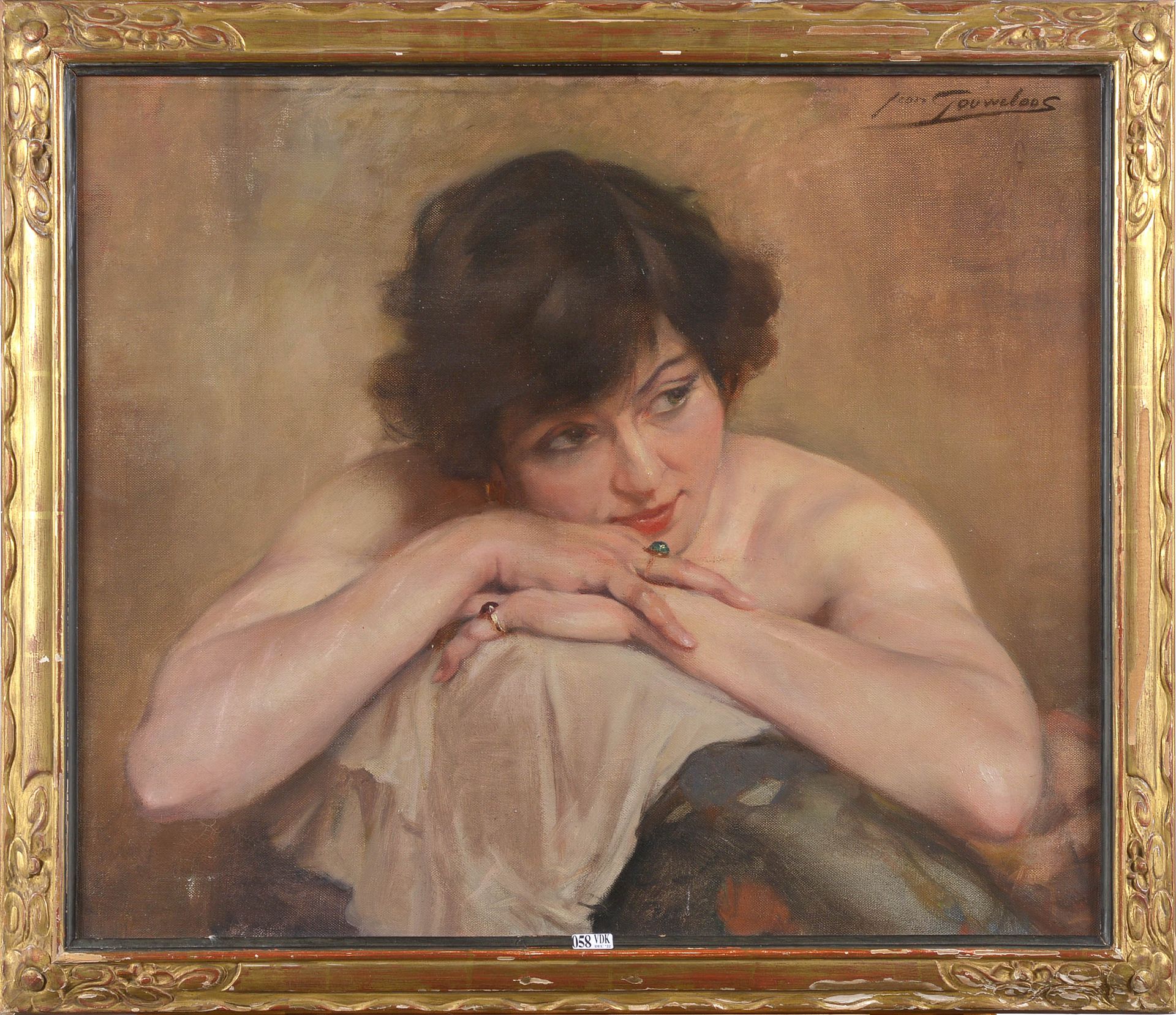 GOUWELOOS Jean (1868 - 1943) Huile sur toile "Jeune femme accoudée". Signé en ha&hellip;
