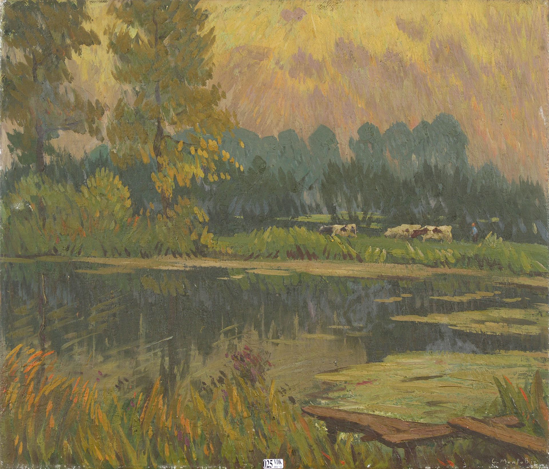 MONTOBIO Guillaume (1883 - 1962) Huile sur toile "Vaches dans un paysage lacustr&hellip;