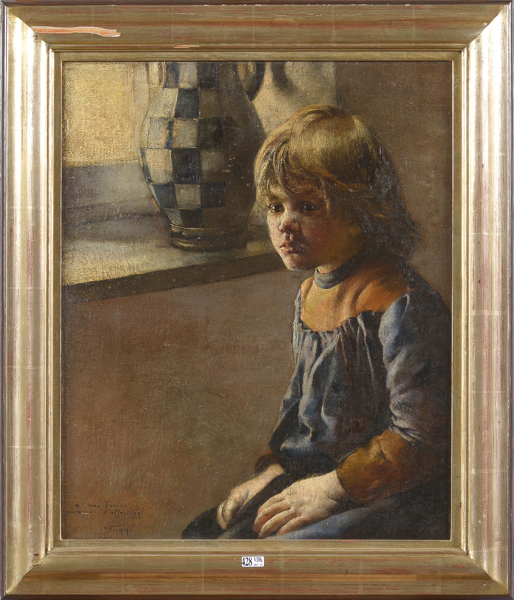 BAES Firmin (1874 - 1945) 布面油画《年轻女孩的肖像》。献给我的姨妈，右下角有签名 献给我的姨妈的感情纪念品，菲尔明。比利时的学校。尺寸&hellip;
