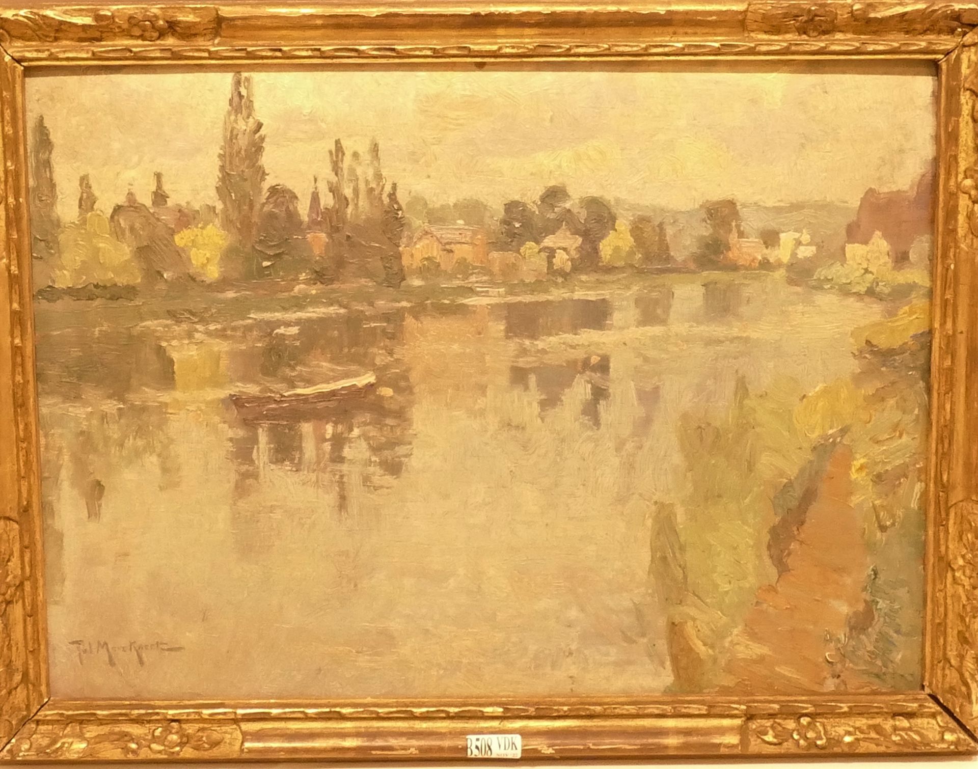 Null 画作《有船的湖泊风景》。签名：朱尔斯-默卡尔特。尺寸：+/-29x41厘米。