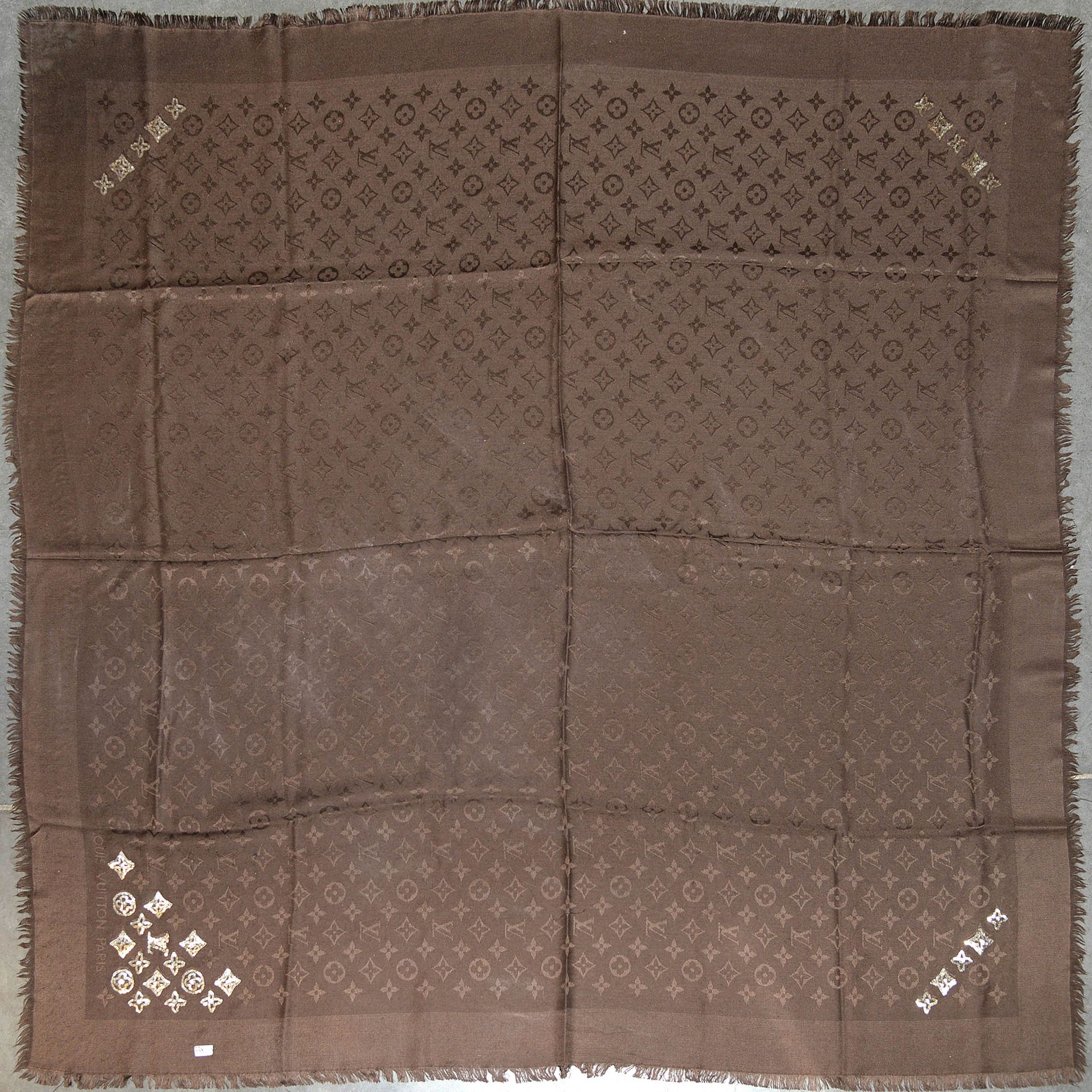 Large brown silk scarf brand Louis Vuitton decorated wit…