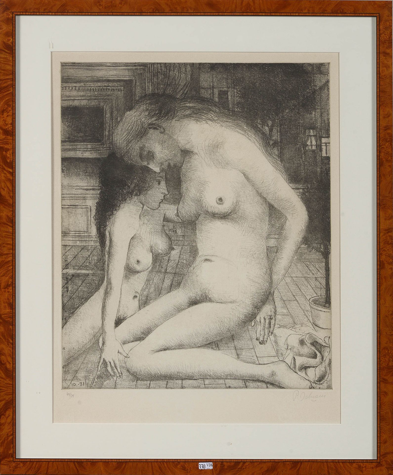 DELVAUX Paul (1897 - 1994) "Les deux amies" 纸上黑白蚀刻画。版面外右下方有石墨签名P.Delvaux和编号44/75&hellip;