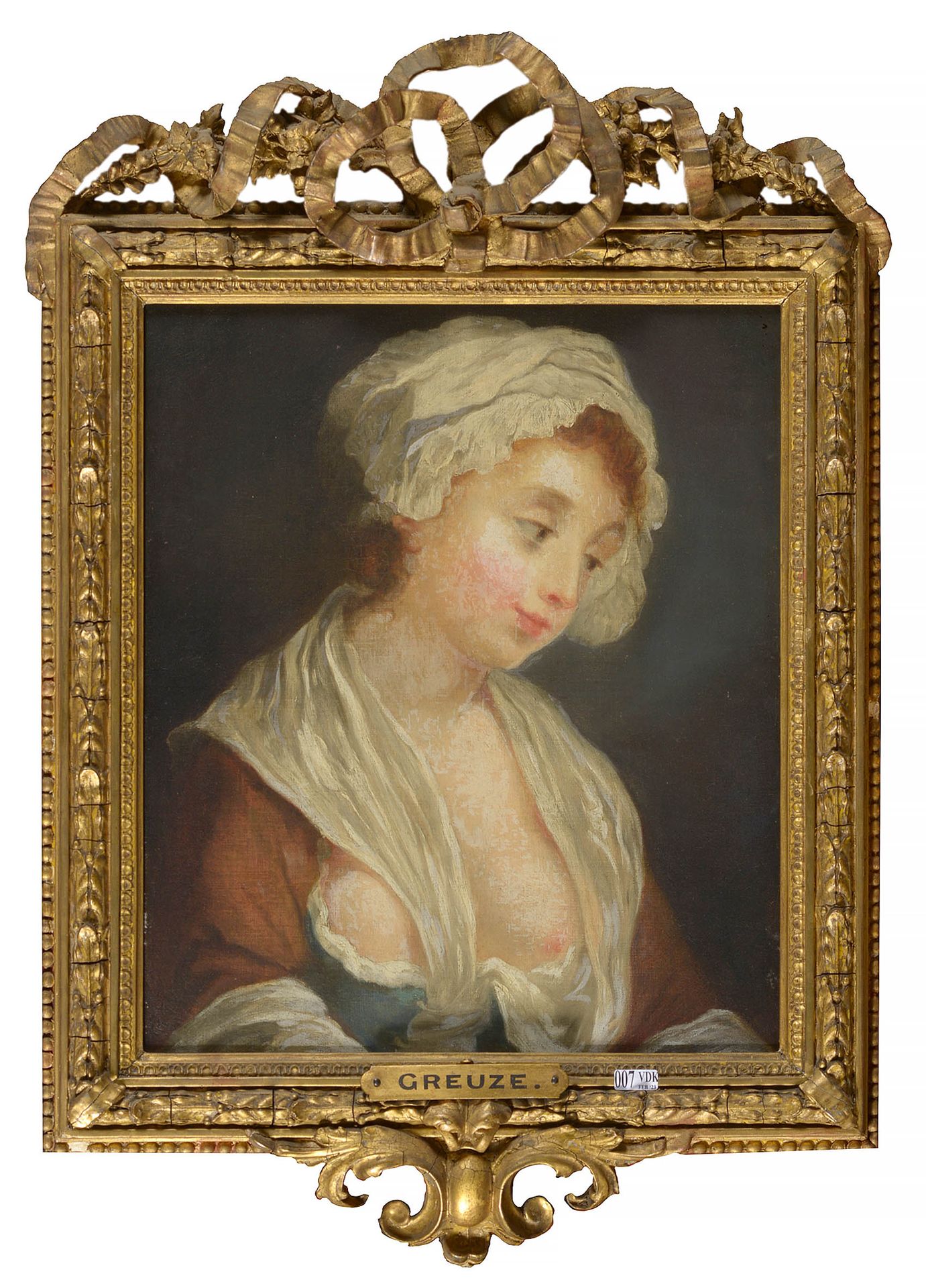 GREUZE Jean-Baptiste (1725 - 1805). Entourage de. 布面油画《略脱衣服的年轻女子肖像》。围绕着让-巴蒂斯特-格鲁&hellip;