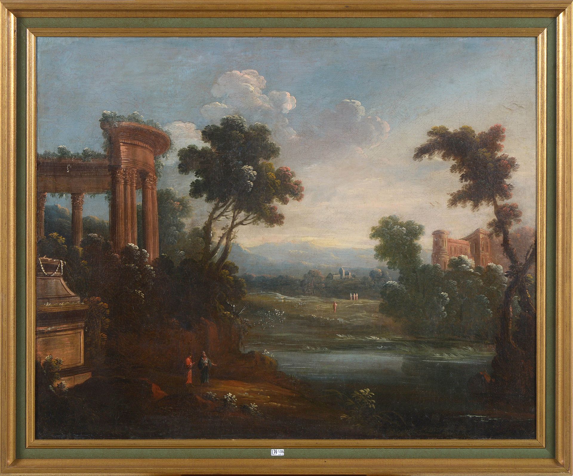 Null 镶嵌在画布上的油画《意大利废墟风景》。匿名。年代：17世纪。尺寸：+/-80x100cm。