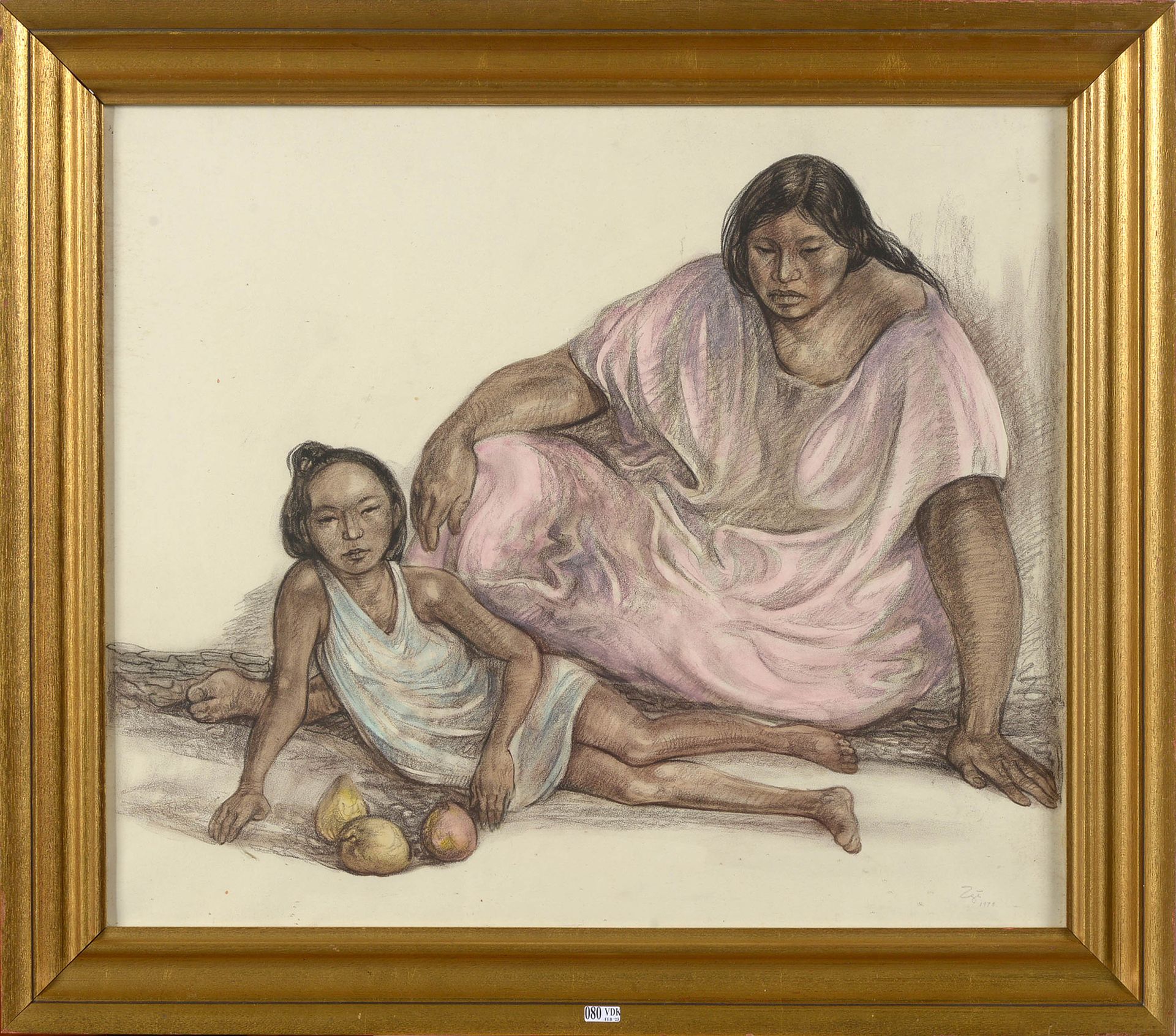 ZUÑIGA Francisco (1912 - 1998) "母亲和孩子"，纸上炭笔加水彩。右下方有Francisco Zúñiga的签名和1970年的日期。&hellip;