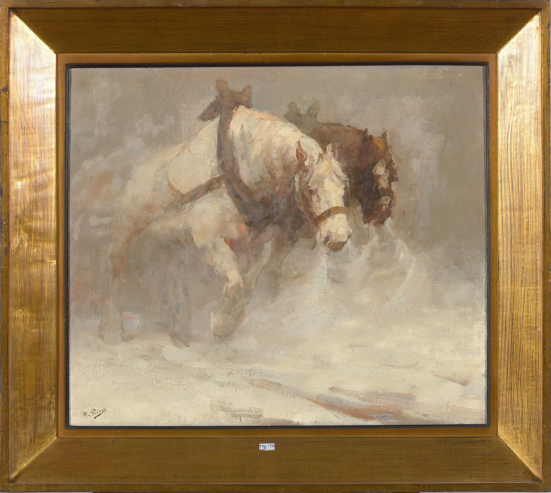PEISER Kurt (1887 - 1962) 布面油画《雪地里的草泥马》。左下方有签名K.佩泽。比利时学校。尺寸：+/-61,5x71cm。