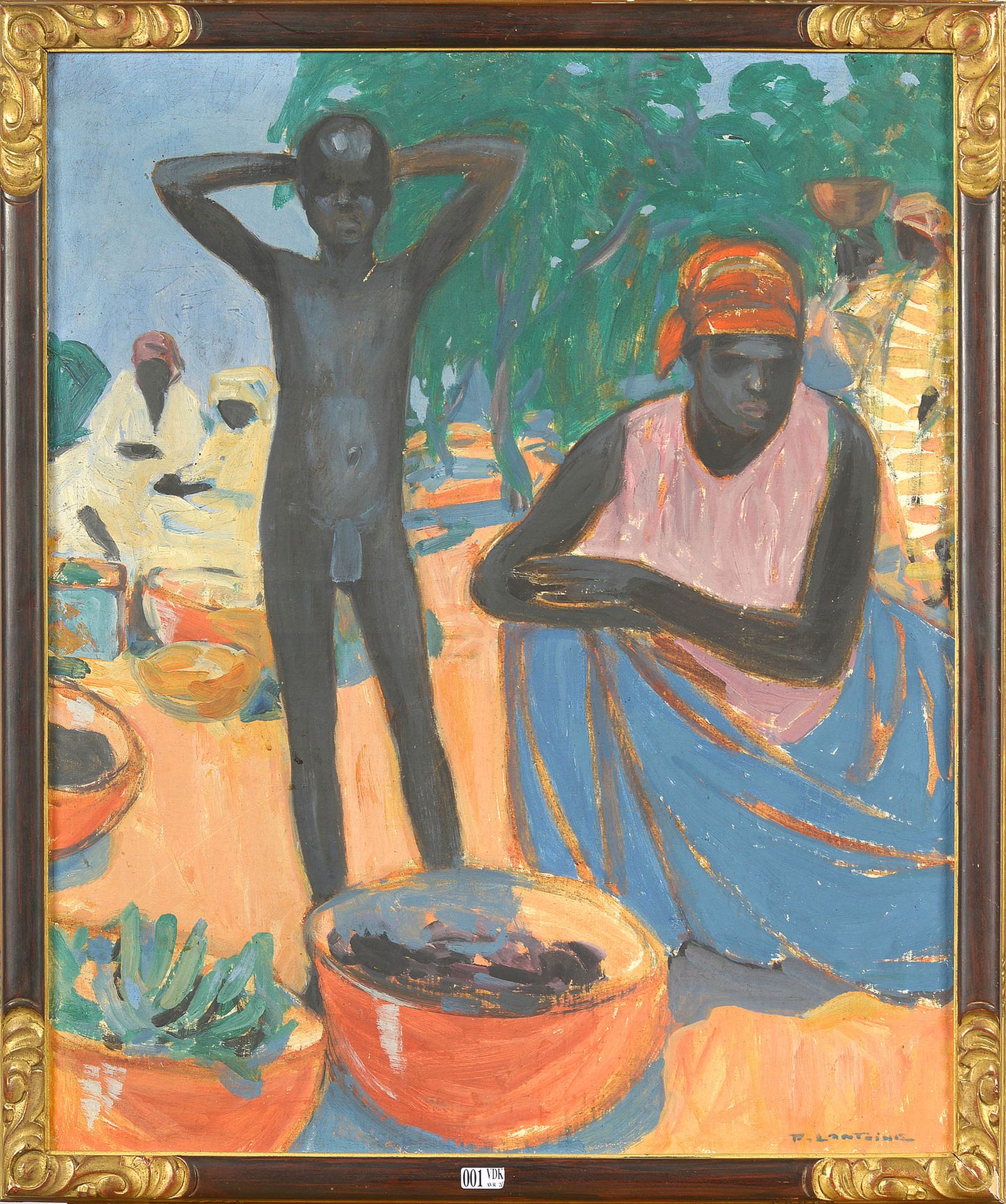 LANTOINE Fernand (1876 - 1955) Huile sur toile "Scène de marché au Congo". Signé&hellip;