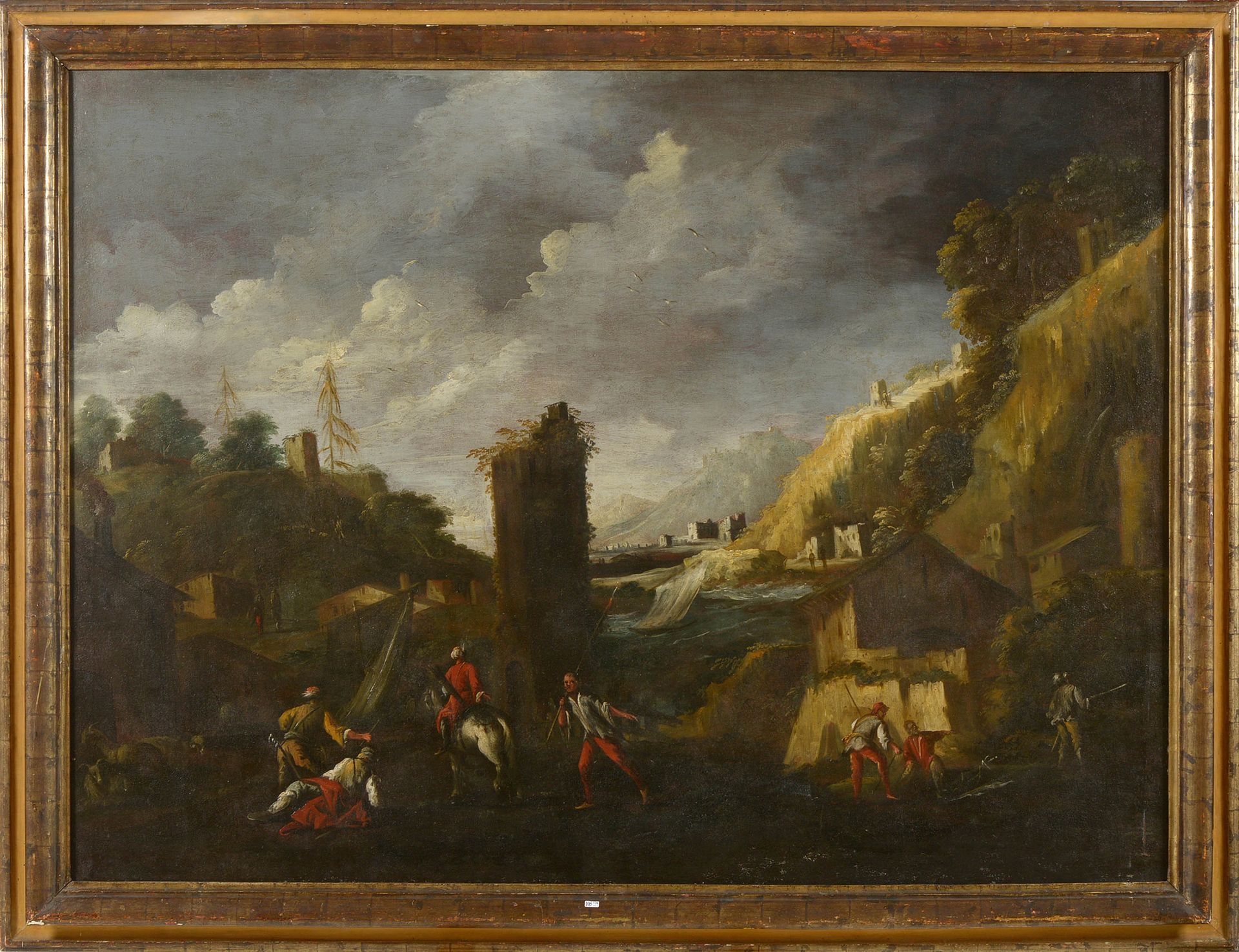 TRAVI Antonio (1613 - 1668) Huile sur toile marouflé sur toile "Paysage fluvial &hellip;