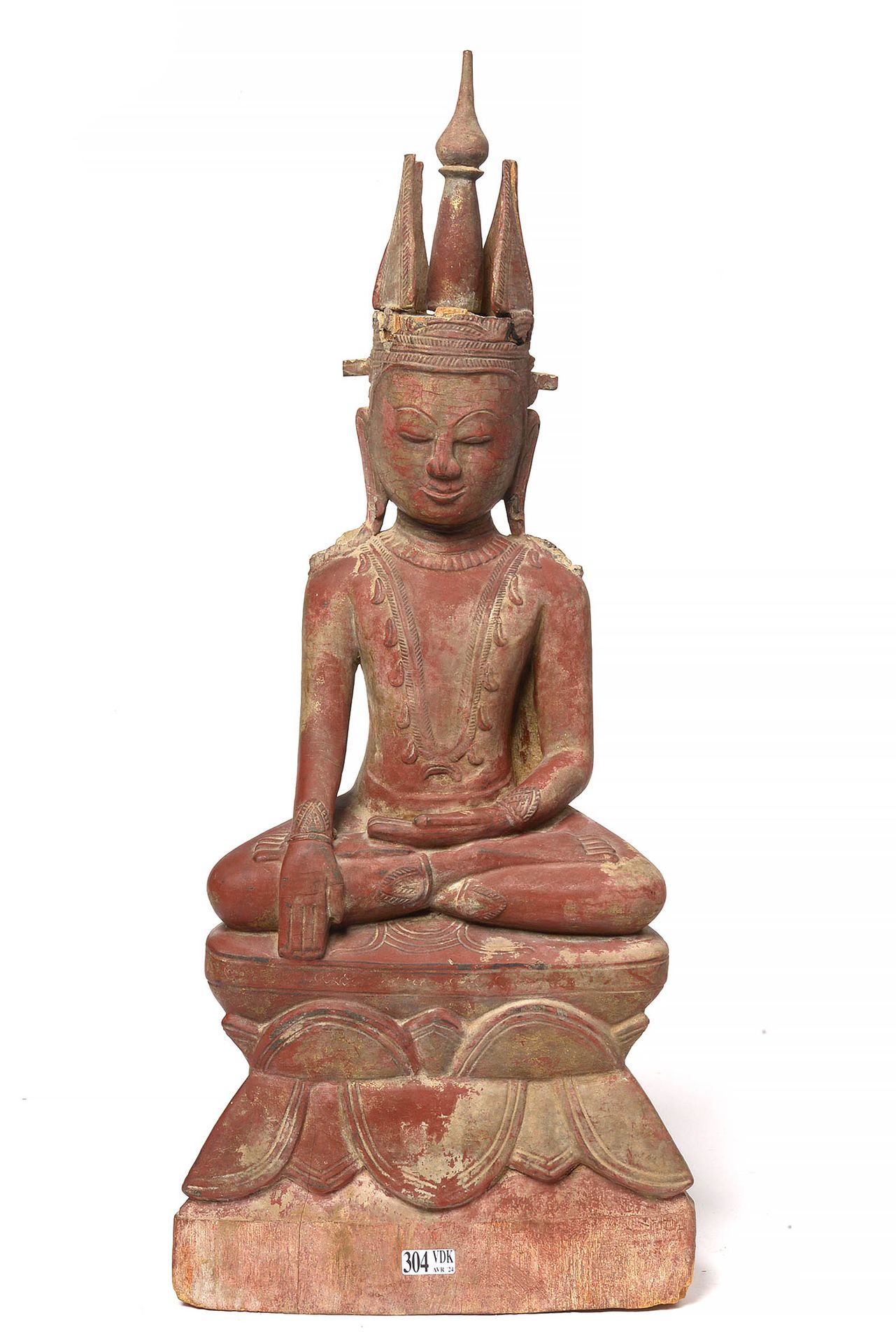Null Grande "Buddha seduto su un fiore di loto" in legno intagliato con patina r&hellip;