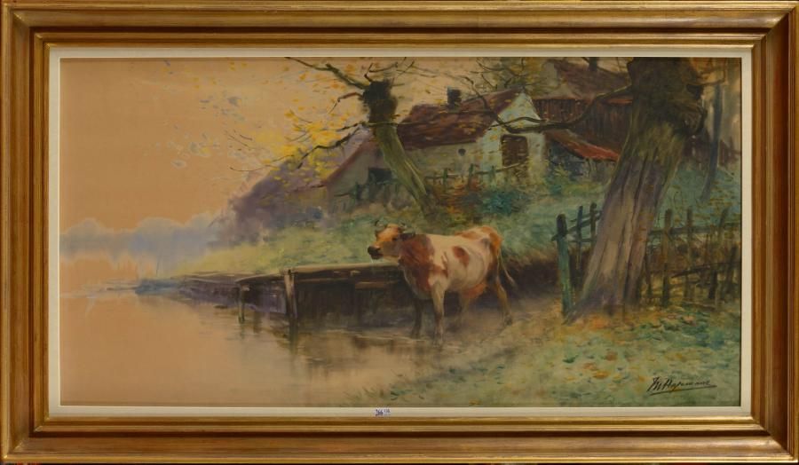 HAGEMANS Maurice (1852 - 1917) "Vache s'abreuvant" aquarelle sur papier. Signée &hellip;
