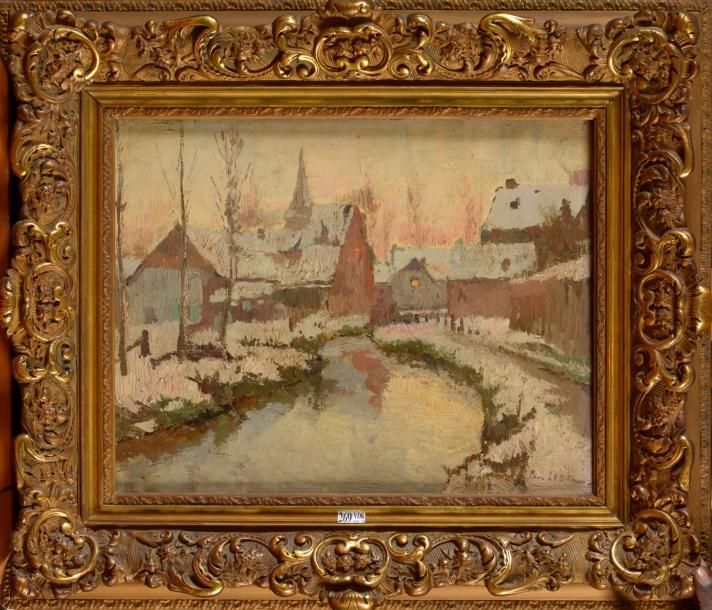 LEDUC Paul (1876 - 1943) Huile sur toile "Vue d'un village sous la neige". Signé&hellip;