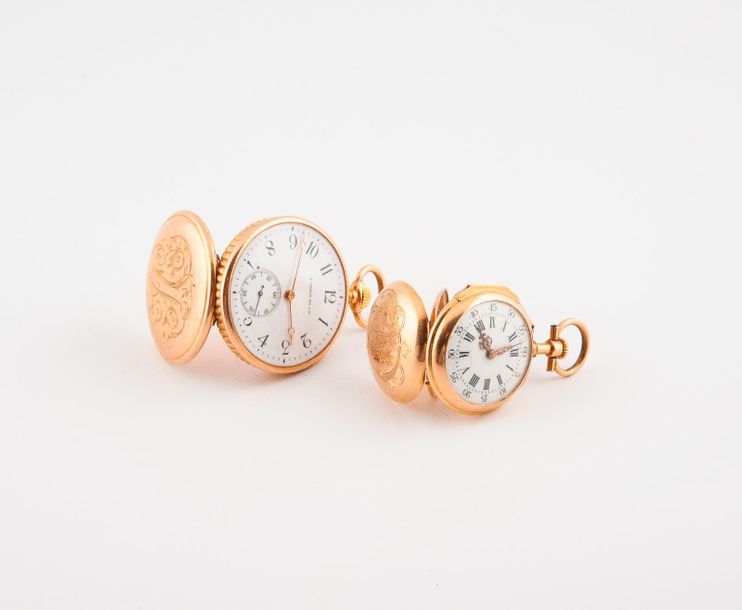 Null Lot de deux montres de col en or jaune (750) : 

- L.LEROY & Cie

Couvercle&hellip;