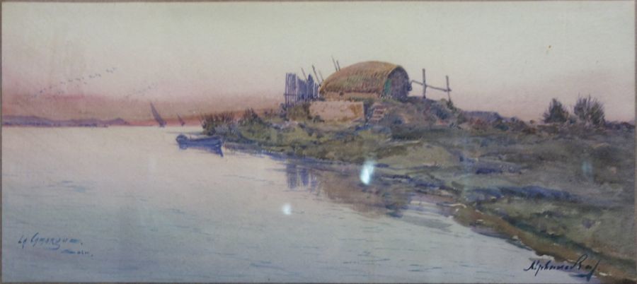 Alphonse REY (1865-1938) 

La Camargue, paysage avec barque amarrée au soir.

Aq&hellip;