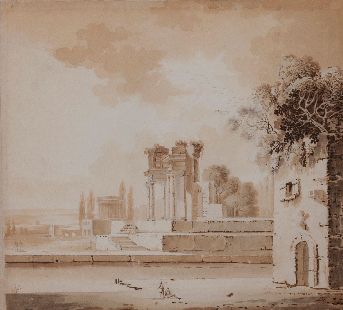 Attribué à Jean-Jacques de BOISSIEU (Lyon 1736-1810) 罗马废墟和圆形庙宇的风景。
石墨和棕色水洗。
在右下角&hellip;