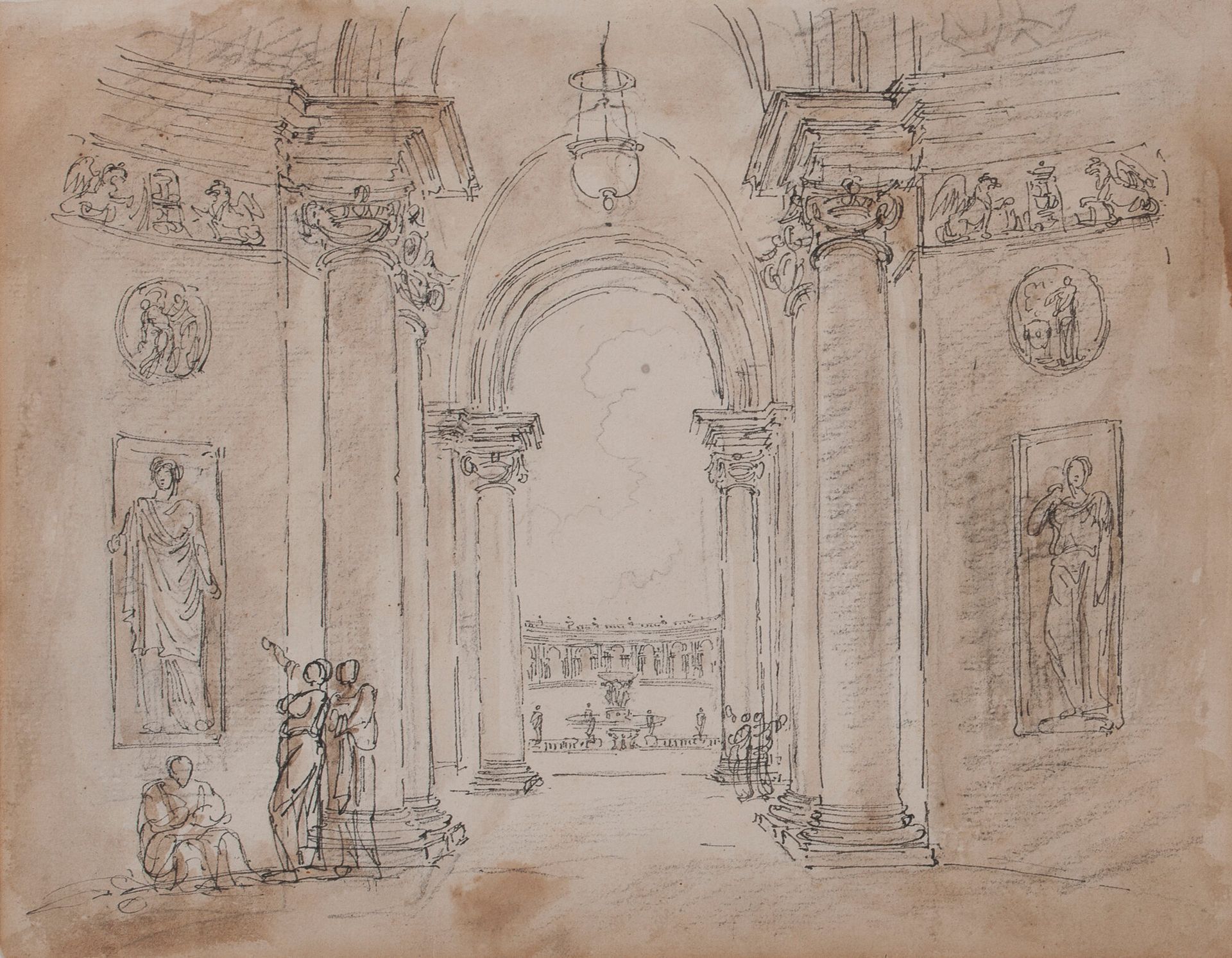 Hubert ROBERT (Paris 1733-Id.1808) 在阿尔巴尼别墅柱廊下欣赏古董的人物。
黑石、钢笔、黑墨、褐洗。水印。粘在铝箔上。
18 x&hellip;