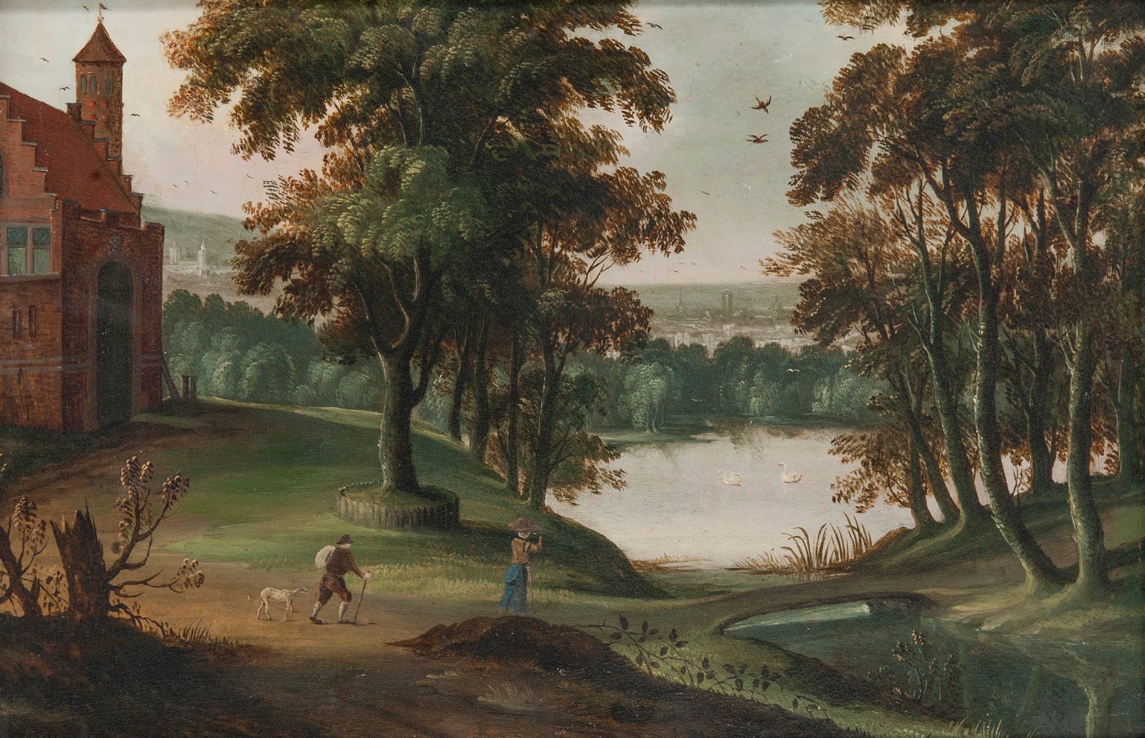 ECOLE de Jacques d'ARTOIS (Bruxelles 1613-vers 1686) 河流景观与天鹅，村民和狗在路上。
油画。橡木。
38 &hellip;