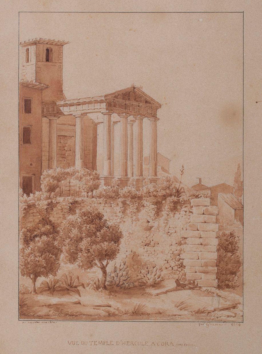 Antoine Martin GARNAUD (Paris 1796-1861) 从科拉（罗马）的海格力斯神庙看。
黑石和棕色水洗。
右下角有签名，日期为182&hellip;