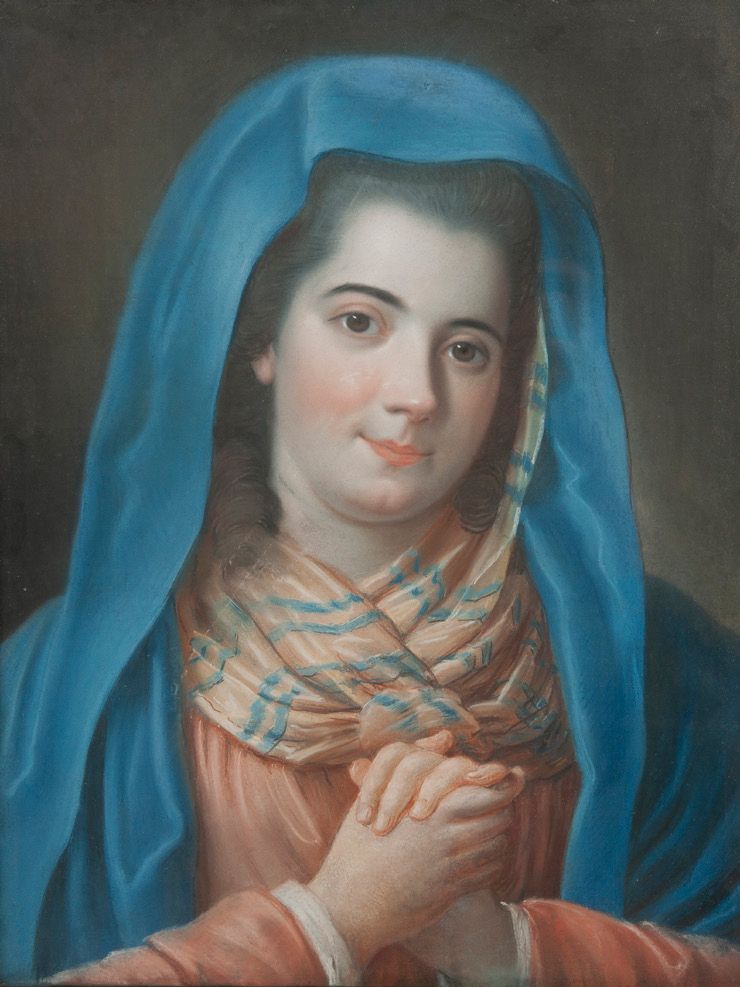 ÉCOLE ITALIENNE DU XVIIIÈME SIÈCLE 年轻女子身着蓝色面纱，双手合十。
粉彩。装裱在画布上。
49.5 x 39.5 cm。
