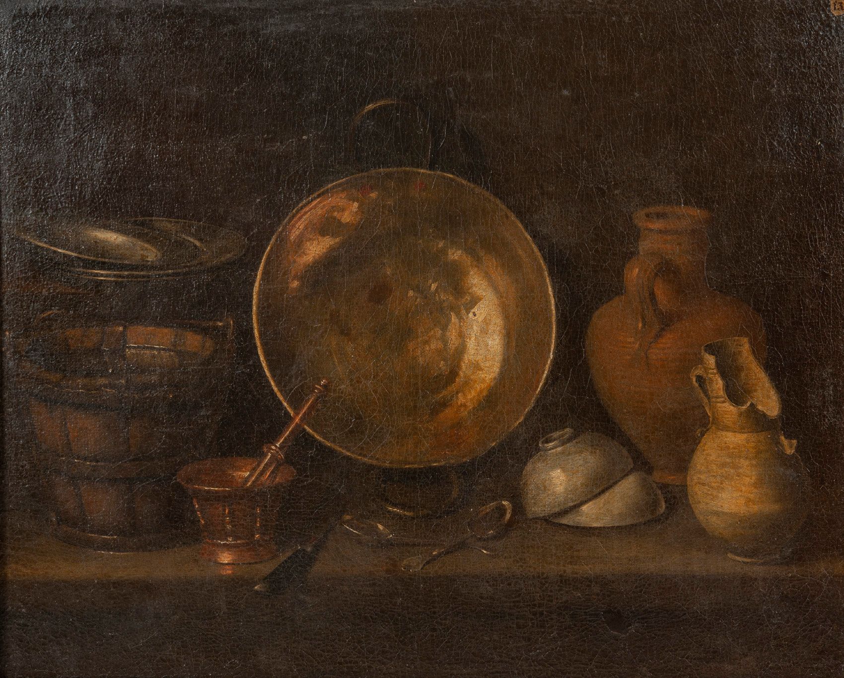ECOLE de SEVILLE du XVIIème siècle 1- Still life with copper basin, ironed woode&hellip;