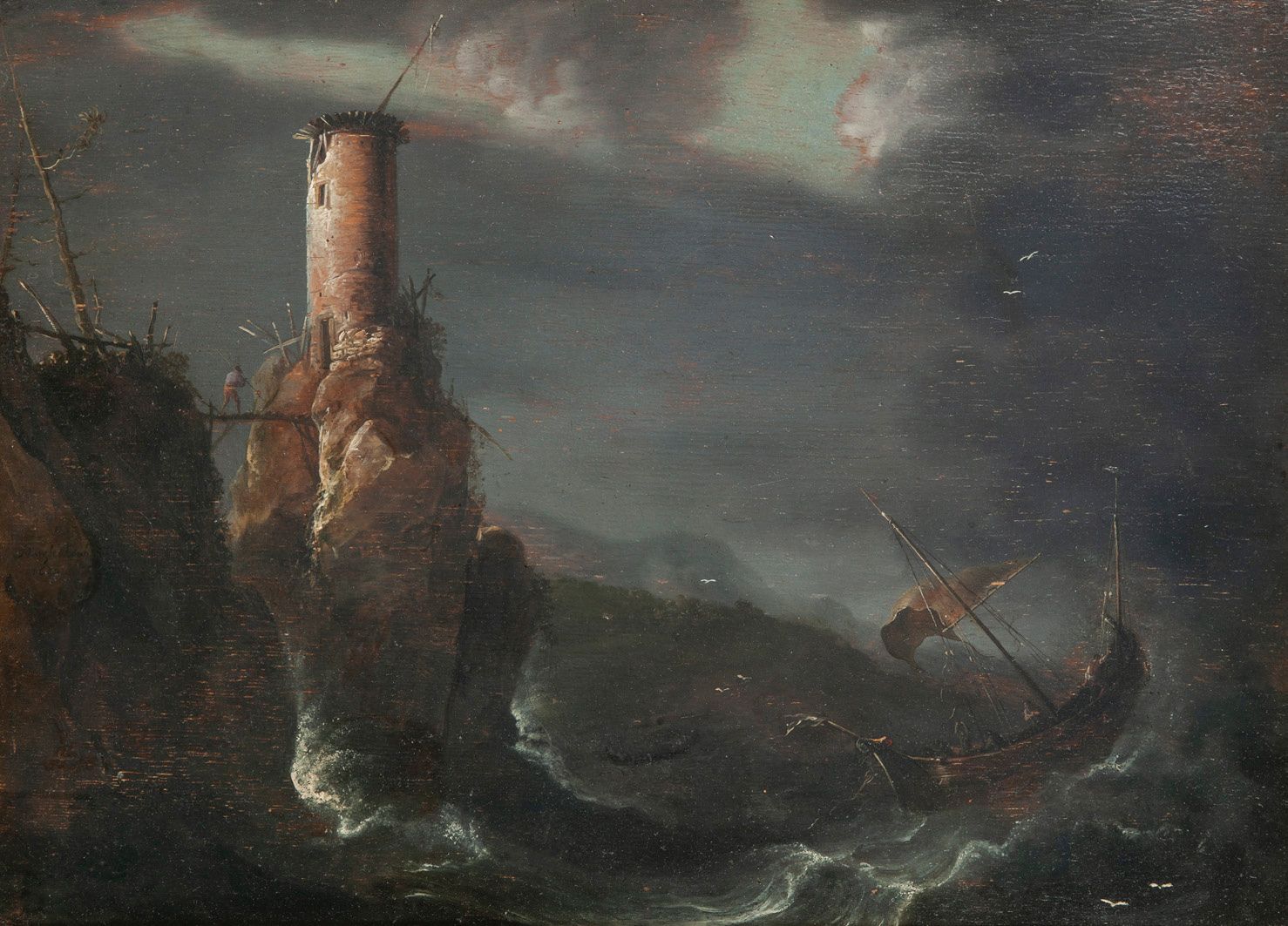 ECOLE HOLLANDAISE de la première moitié du XVIIème siècle Barque près des côtes &hellip;