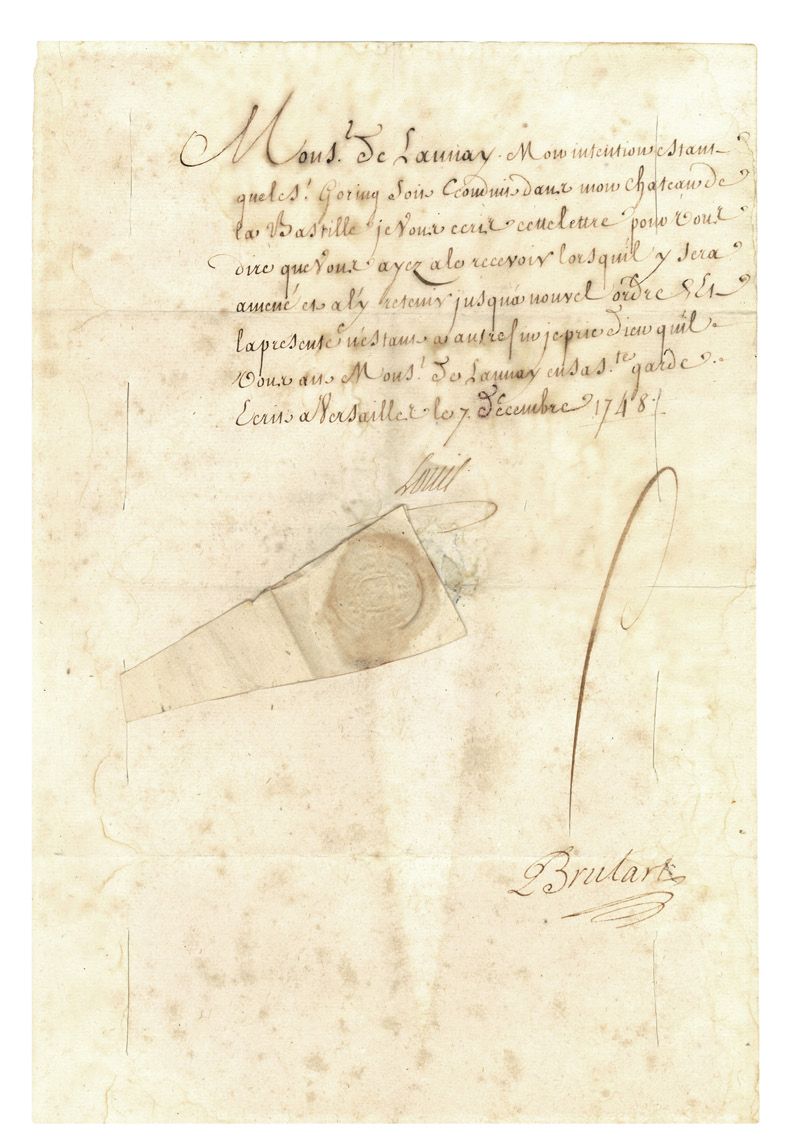 Null 印花信。L.S. De LOUIS XV (Secretary)，1748年12月7日在凡尔赛由Brulart副署，致巴士底狱总督M. De Laun&hellip;