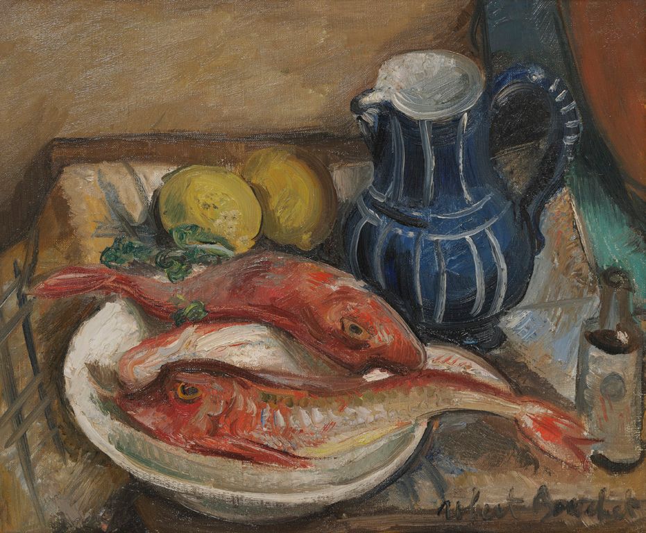 Robert BOUCHET (1898-1986) 
Still life with scorpion fish and pitcher.
Oil on ca&hellip;