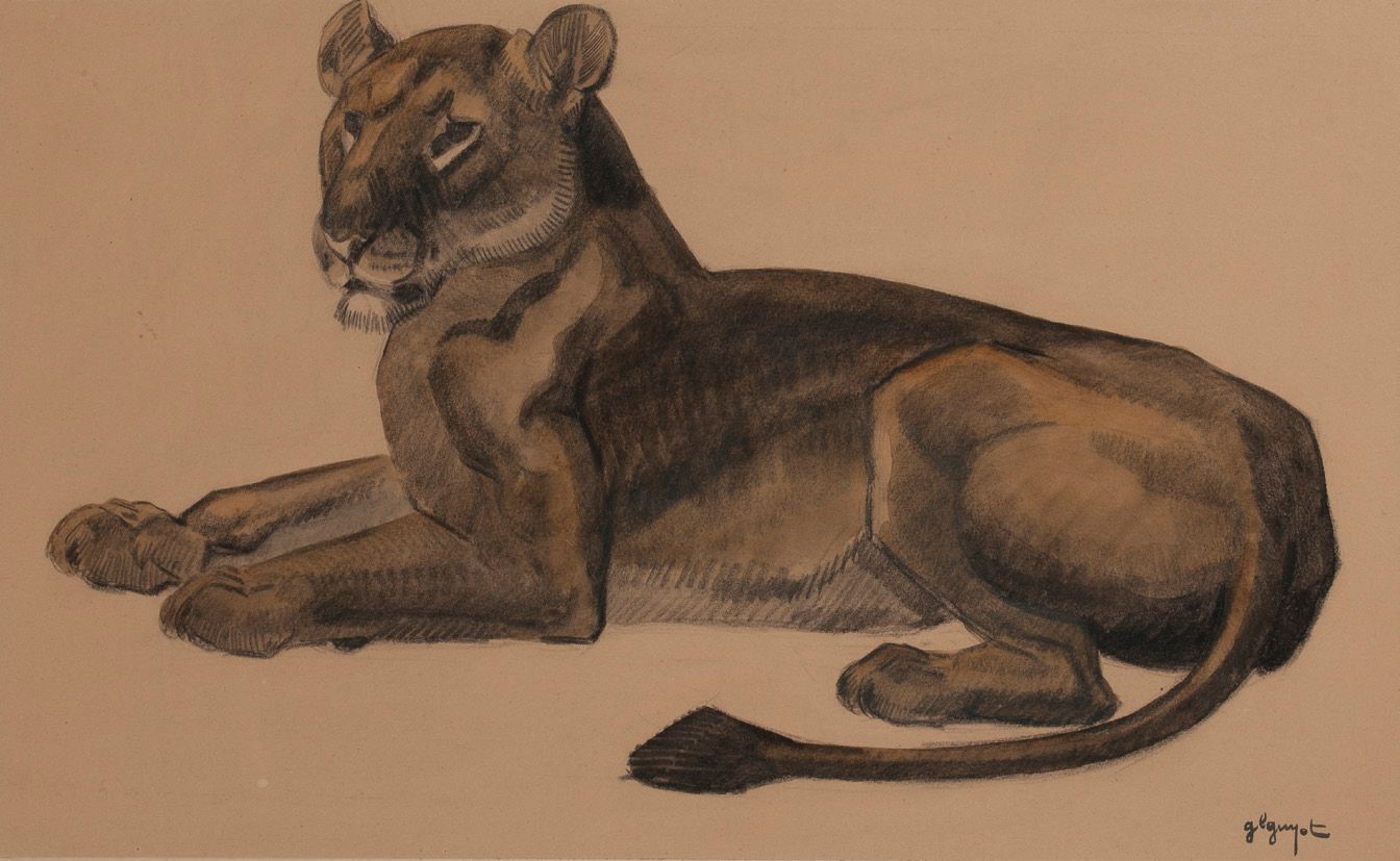 Georges Lucien GUYOT (1885-1973) 
躺着的狮子。
纸上铅笔、木炭和水彩。
右下角有签名。
25.5 x 42 cm.
小雀斑和污&hellip;
