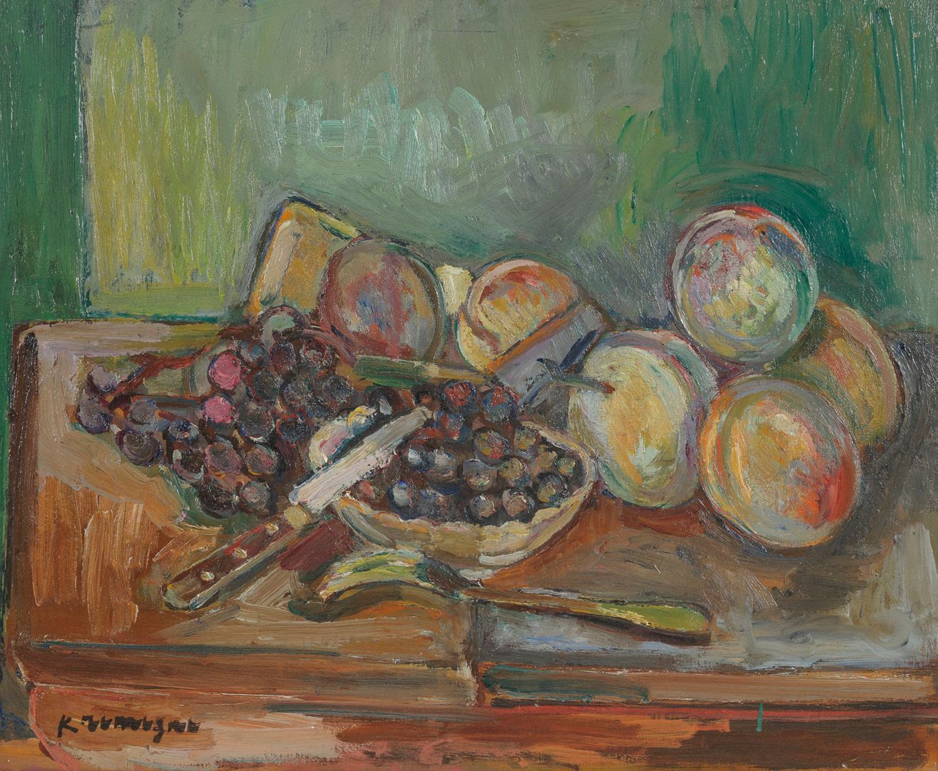 Pinchus KREMEGNE (1890-1981) 
Still life with grapes and peaches.
Oil on panel.
&hellip;