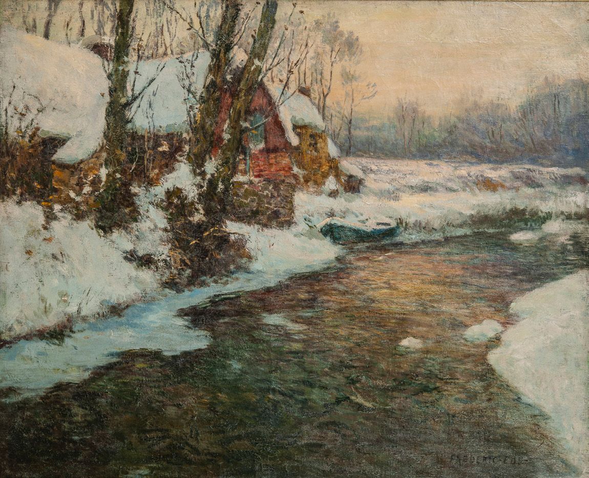 Frederic EDE (1865-1943) 
Paysage de rivière en hiver.
Huile sur toile.
Signée e&hellip;