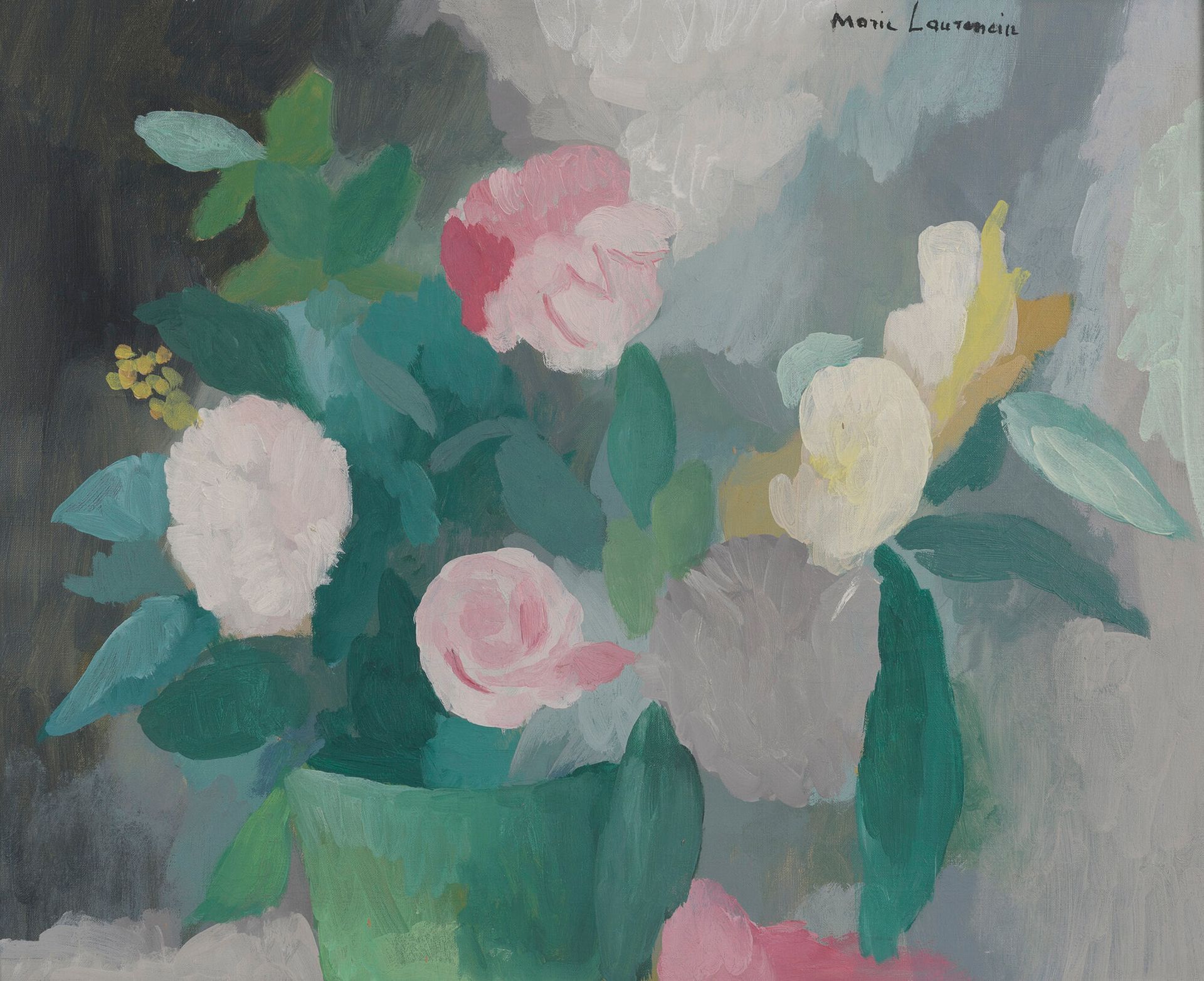 Marie LAURENCIN (1883-1956) 
Vase de fleurs sur un entablement.
Huile sur toile.&hellip;