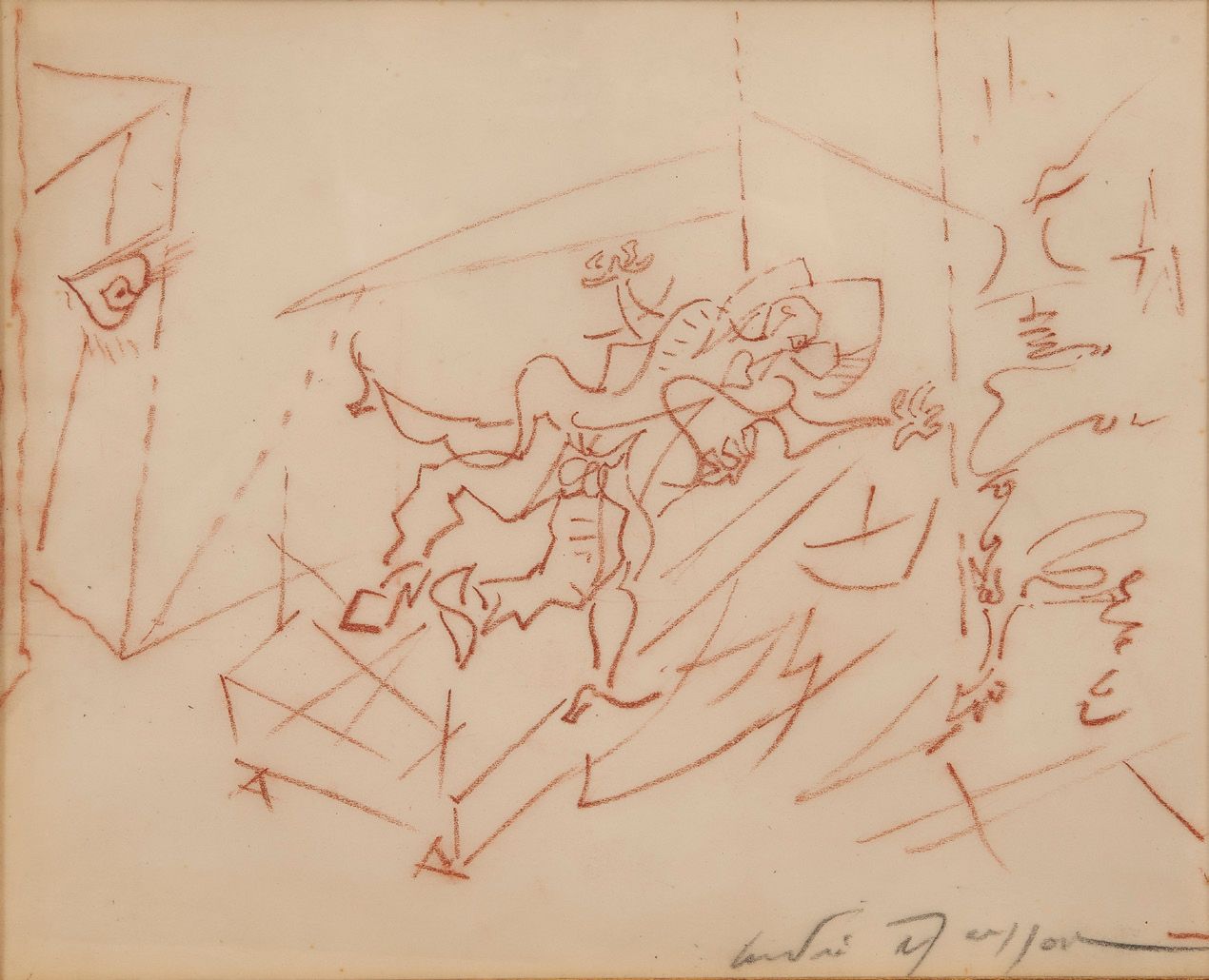 André MASSON (1896-1987) 
无题。
纸上铅笔和血迹。
右下角有签名。
21×26厘米（见图）。
小的雀斑和污点。
红色粉笔画在纸上，右下&hellip;