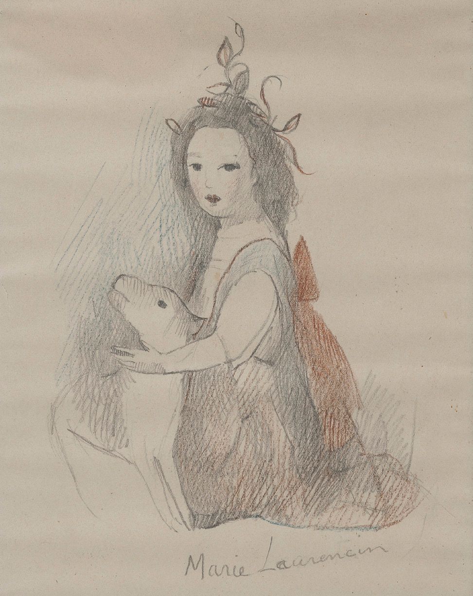 Marie LAURENCIN (1883-1956) 
女孩与狗。
纸上铅笔和彩色铅笔。
可能是报上的签名。
18×14厘米（见图）。
波浪形的纸张，撕裂。
&hellip;