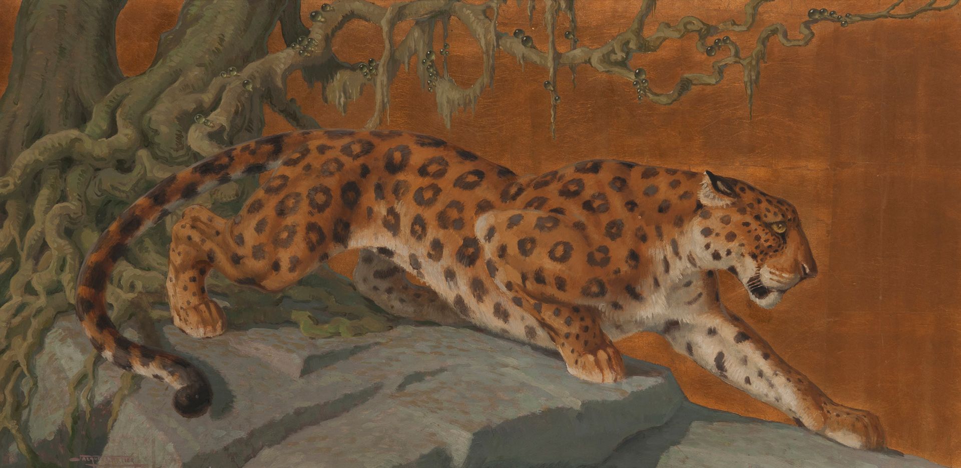 Jacques CARTIER (1907-2001) 
Jaguar on a rock.
Oil and gold leaf on isorel.
Sign&hellip;